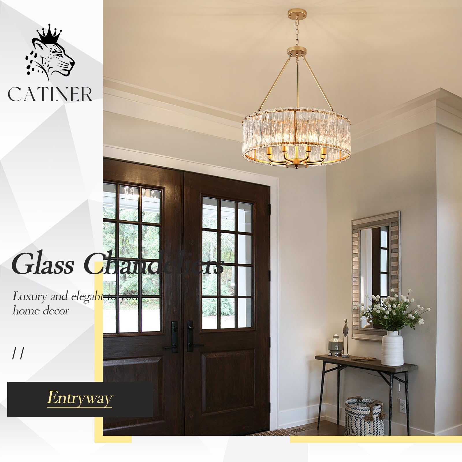 Catiner Gold Drum Chandelier 24.4'' Modern Crystal Glass Chandeliers Luxury 8-Light Pendant Ceiling Chandelier Lighting For Dini