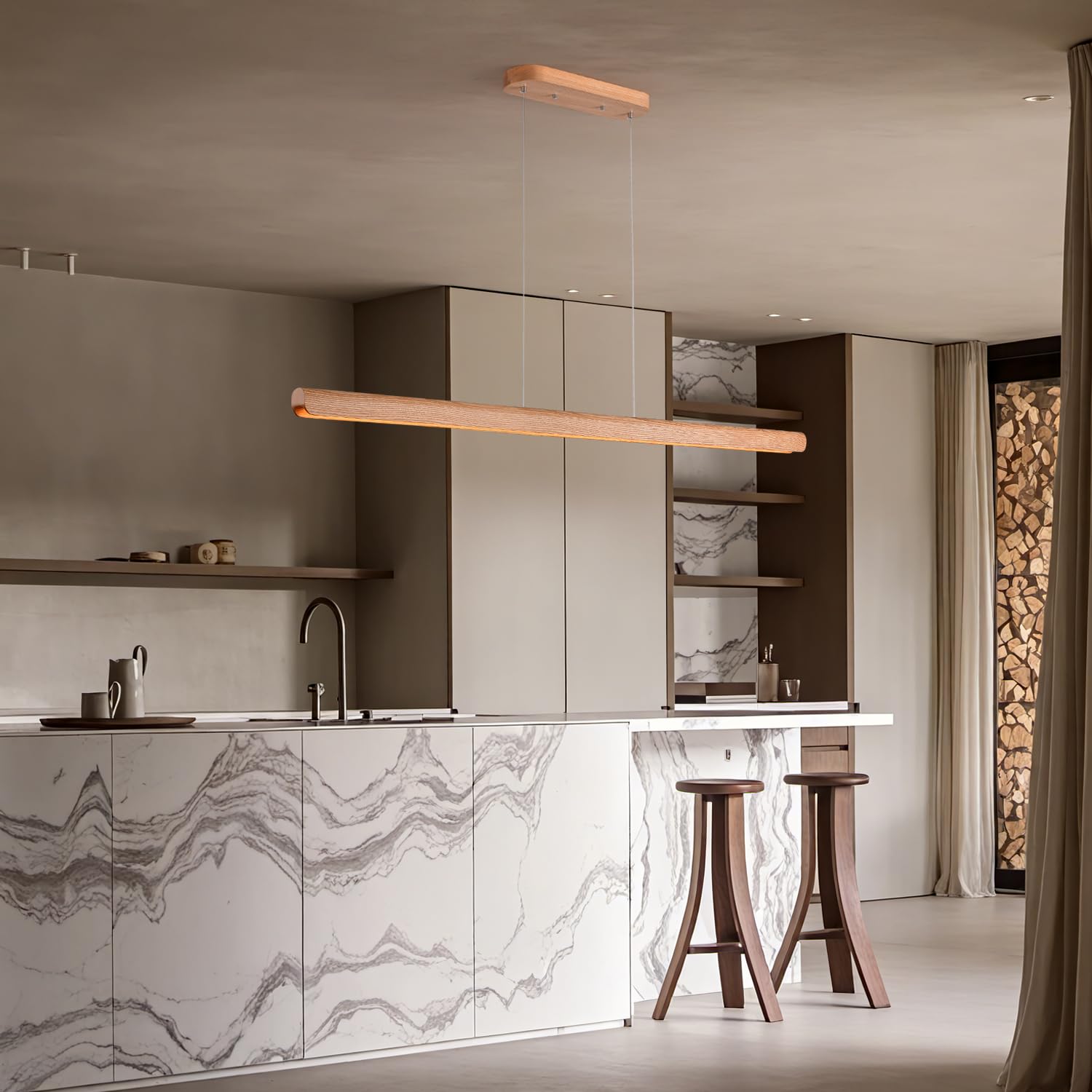 Yisdesign 47Inch Wood Led Linear Pendant Light  Dimmable Wood Ceiling Lamp Minimalist Linear Chandelier  36W Warm Light 3000K  Modern Kitchen Island Dining Room Lighting Natural Adjustable Height