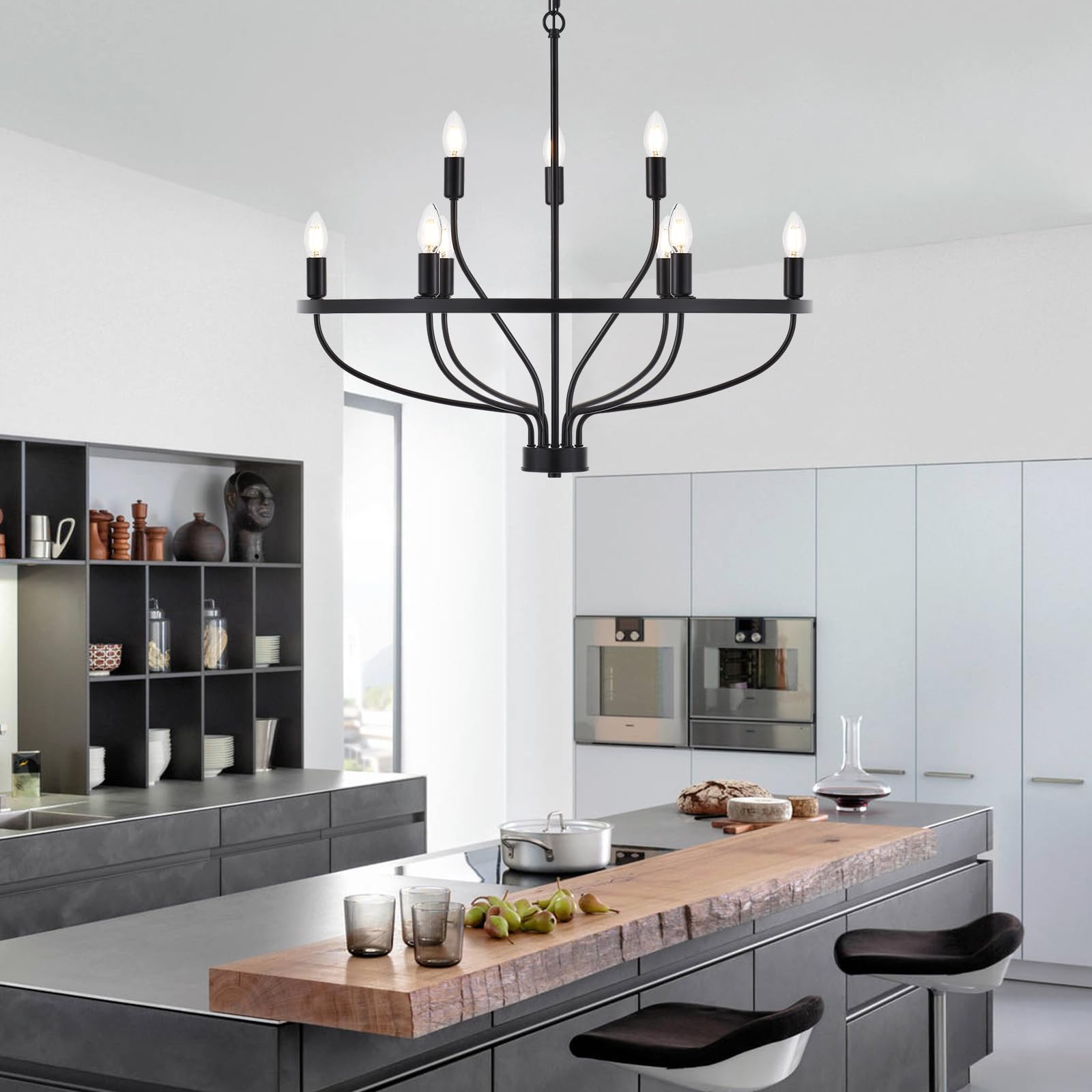 Widluth Industrial Black Chandelier, 30in Vintage 9-Lights Candle Style Fixture for Dining Room, Kitchen, Living Room, Bedroom