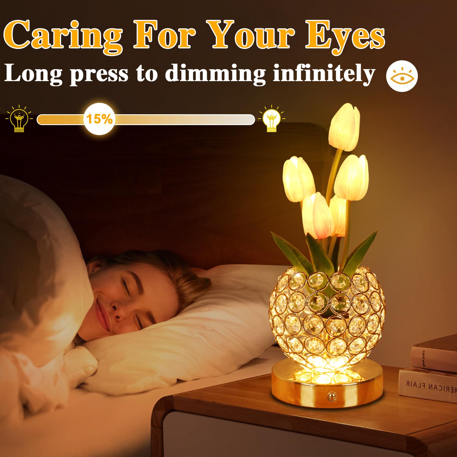 Birthday Gifts For Women/Mom Cordless Table Lamp, 3 Color Crystal Flower Bedside Lamps Infinitely Dimming With Usb Charge Small