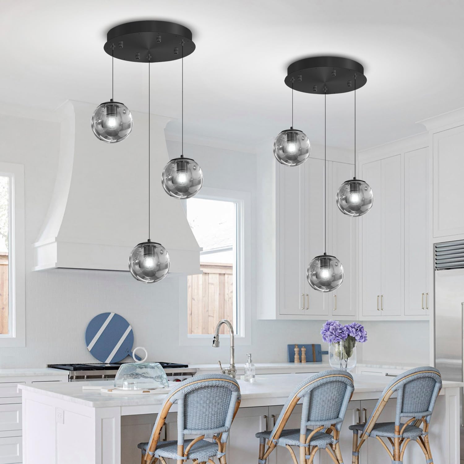 Ykolupty 3-Light Black Pendant Light Fixtures Modern Smoke Gray Glass Globe Pendant Lights Kitchen Island Adjustable Hanging Lights Globe Stairwell Lighting Black Chandelier For Dining Room