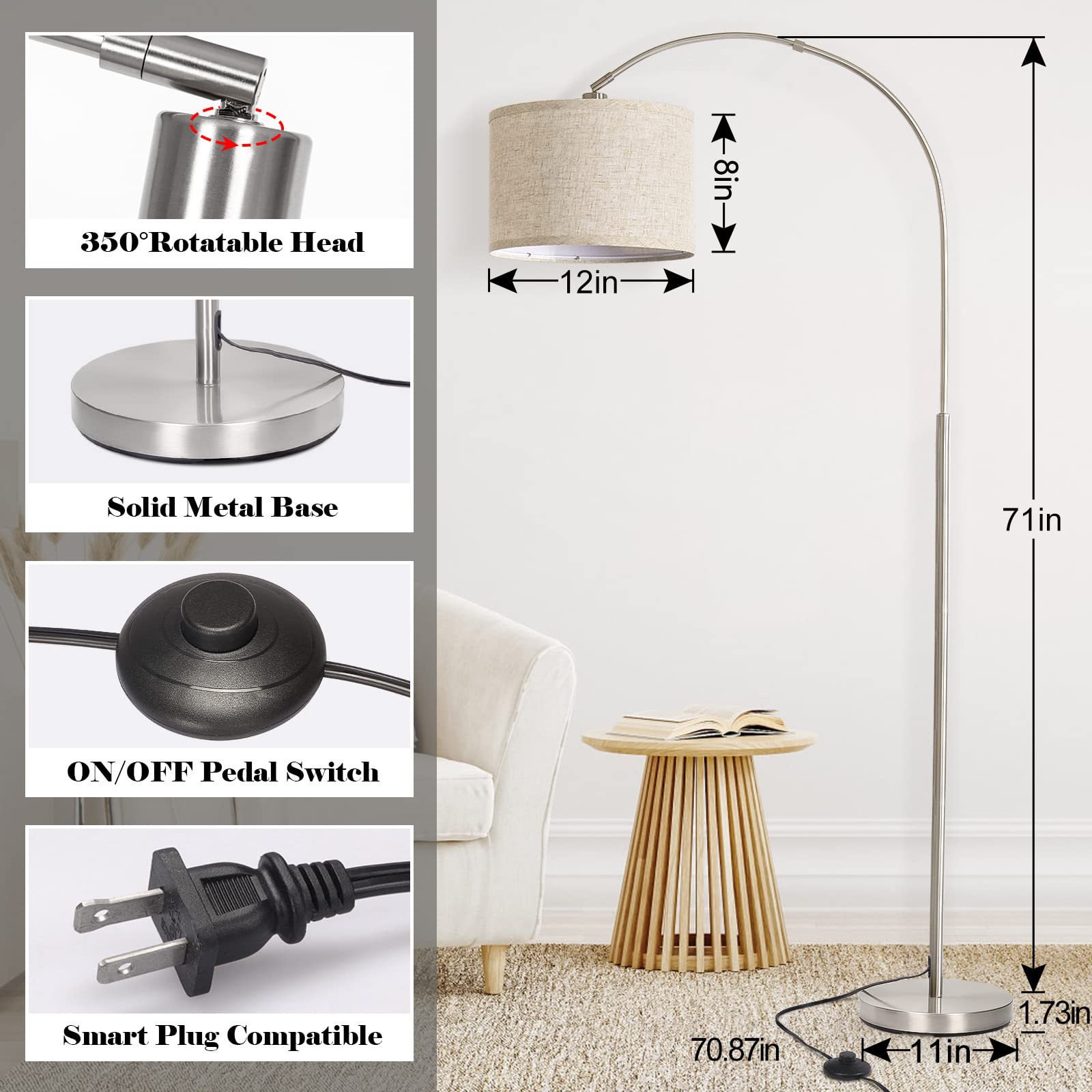 Arc Floor Lamp, Modern Floor Lamp For Living Room With Adjustable Head, Tall Pole Lamp With On/Off Pedal Switch, Over Couch Arch
