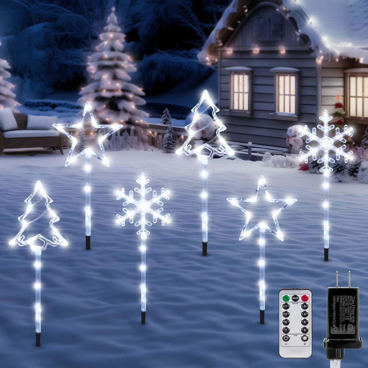 Lyubasa 6 Pack Plug In Christmas Pathway Lights Outdoor Decorations With Timer,8 Modes White Xmas Snowflake Waterproof Led Garde