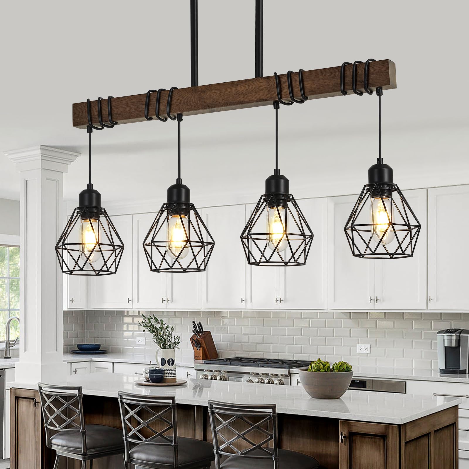29.5  4-Light Kitchen Chandeliers Over Table, Farmhouse Black Dining Room Light Fixture, Linear Rustic Wood Ceiling Pendant Isla