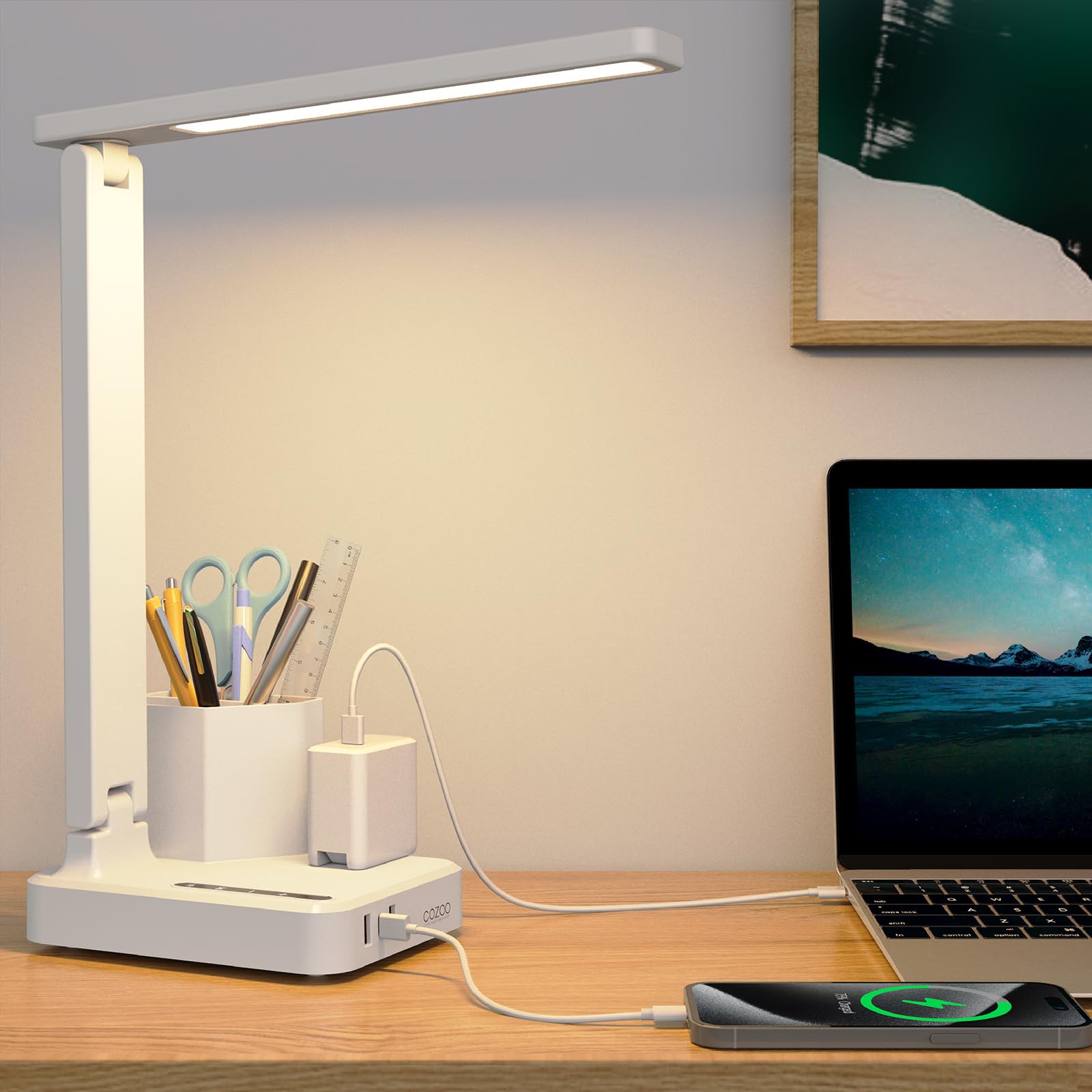 COZOO Dimmable Desk Lamp with USB & Type C Ports, Pen Holder, White Plastic