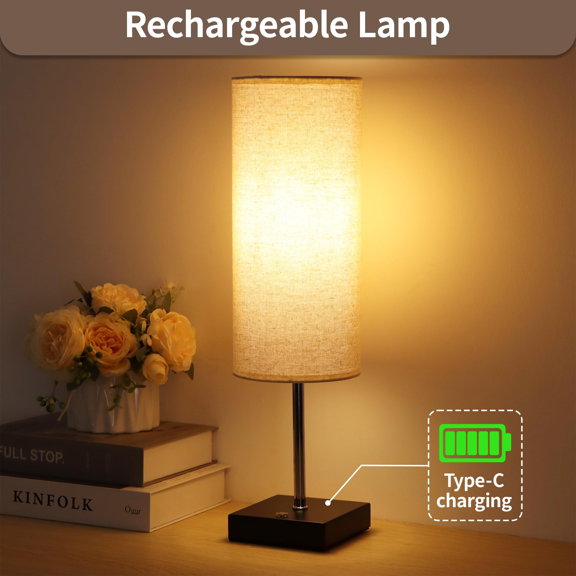 18Inch Cordless Table Lamp, Rechargeable Lamp Touch Control Dimmable, Battery Operated Small Bedside Table Lamps For Night Stand