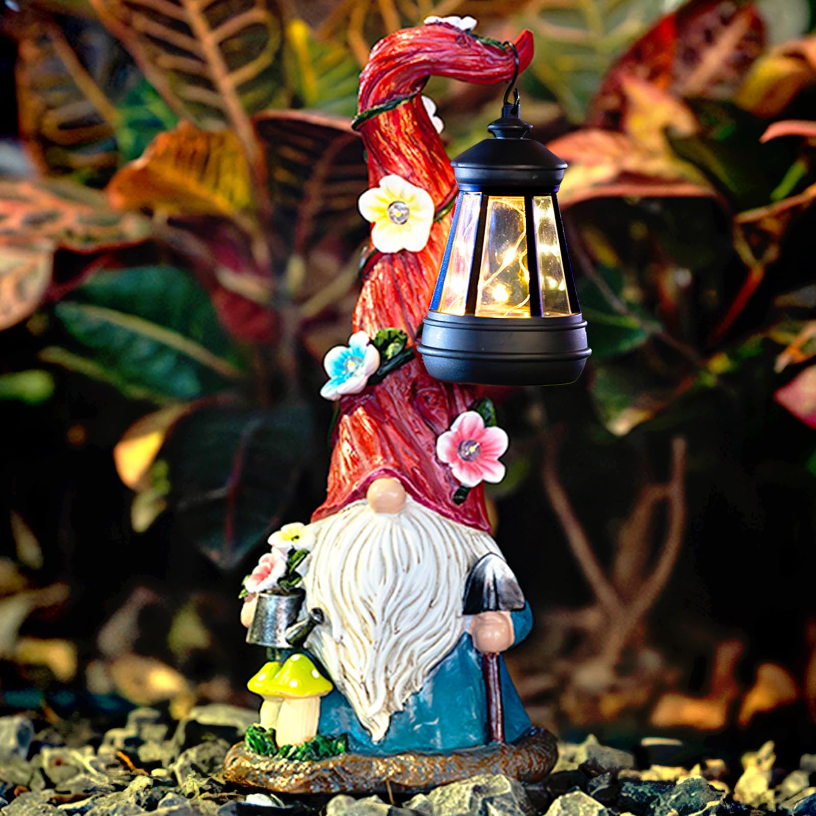 ZQQLITE Solar Gnome Garden Statue Lights Gnome Figurine with Solar Lantern, Outdoor Garden Waterproof Ornaments Decorations for 