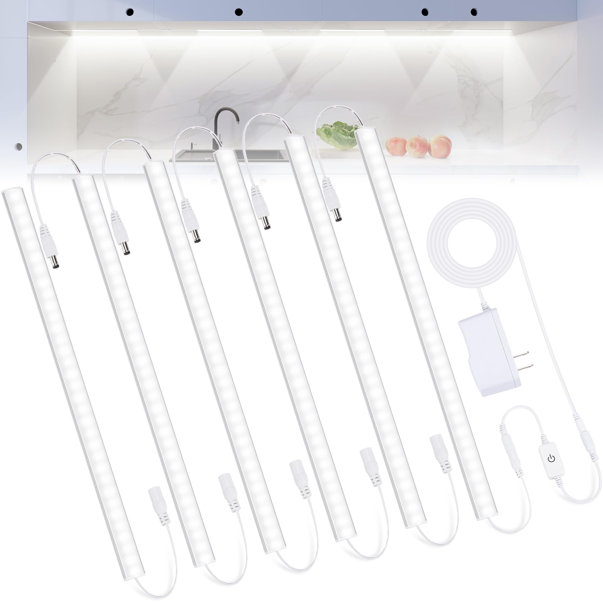6PCS x 12 inch LED Under Cabinet Lighting 6500K, Dimmable Under Counter Lights for Kitchen, Shelf, Workbench, Cupboard Lighting,