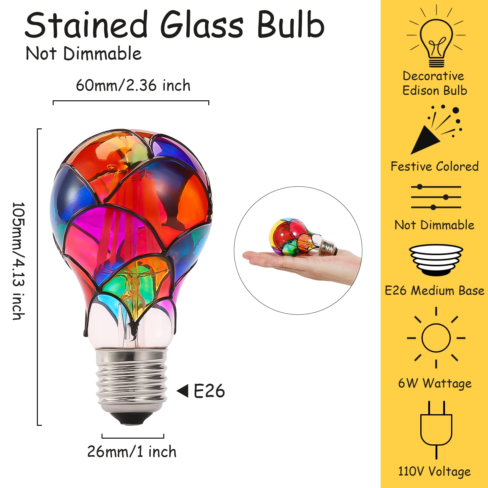 VALUCKY Stained Glass LED Bulb, E26 Base 6W A19, Colorful Non-Dimmable Light for Party, Christmas, Halloween, 2 Pack