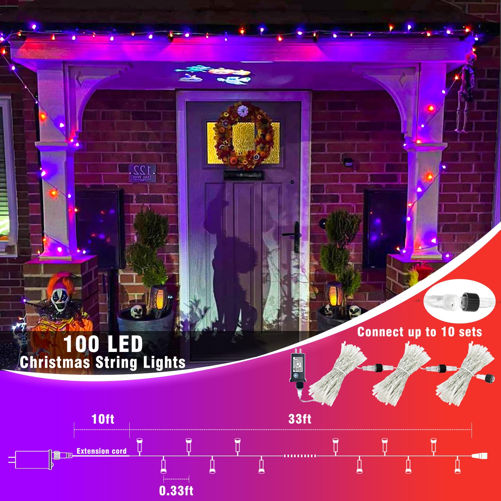100 Led Halloween Lights Outdoor, 33Ft Halloweem String Lights Indoor Clear Wire 8 Modes Waterproof Plug In Twinkle Fairy Lights With Timer Memory For Room Tree Party Decorations, Purple&Orange