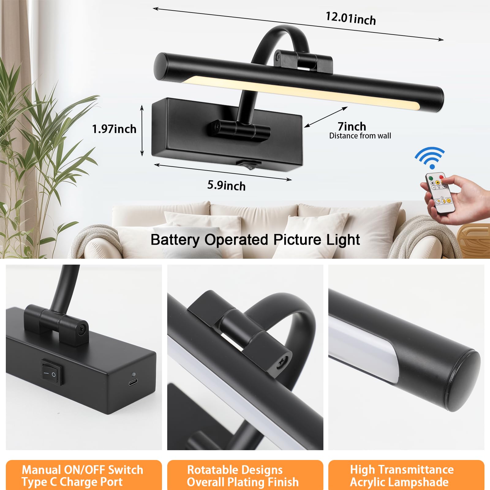 Tassuowell Battery Powered Picture Light With Remote And Timer,Full Metal Art Light With Swing Arm,12 Inch Dimmable,3Cct In One,