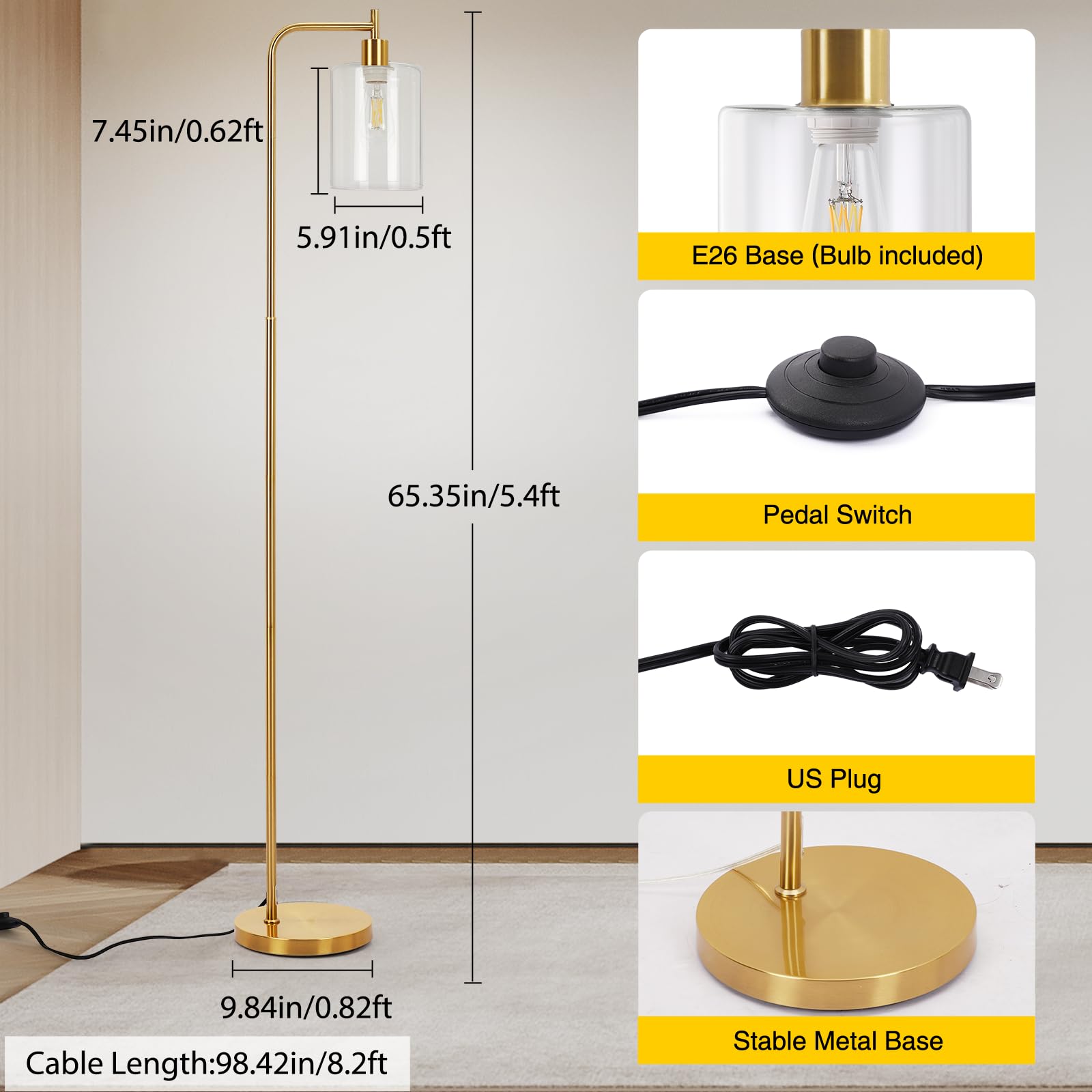 Litake Industrial Floor Lamp, Dimmable Modern Standing Lamp, Gold, Metal, KL-F014(GOLD), with Clear Glass Shade and Remote Control