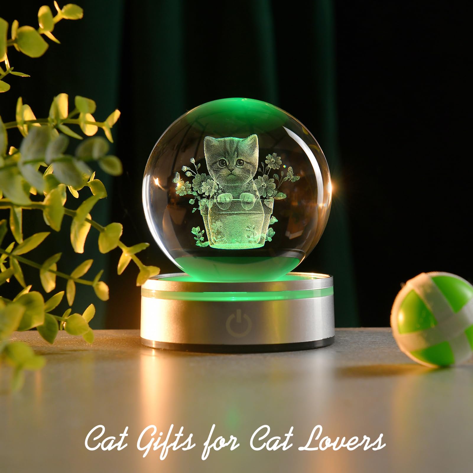Ifolaina 3D Cat Crystal Ball 3D Flower Pot Cat Figurines Night Light Cat Lover Gifts For Women Home Decor Cat Collectibles Snow