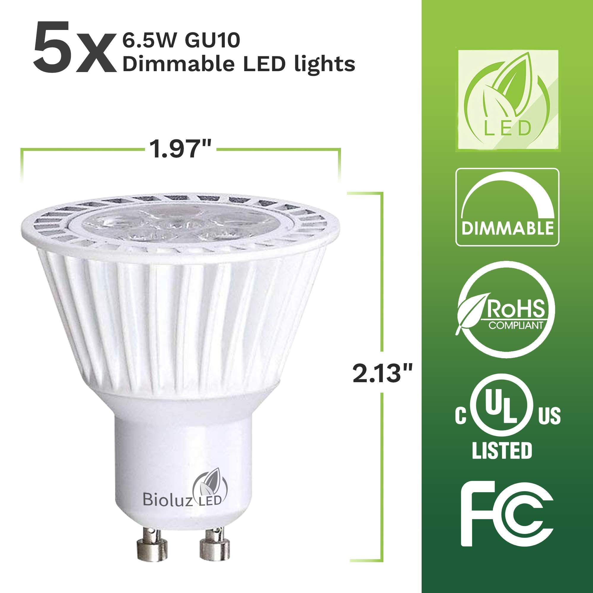 Bioluz LED GU10 5 Pack Dimmable 50W Replacement Bulbs, 6.5W, 3000K Halogen, UL Listed, Aluminum