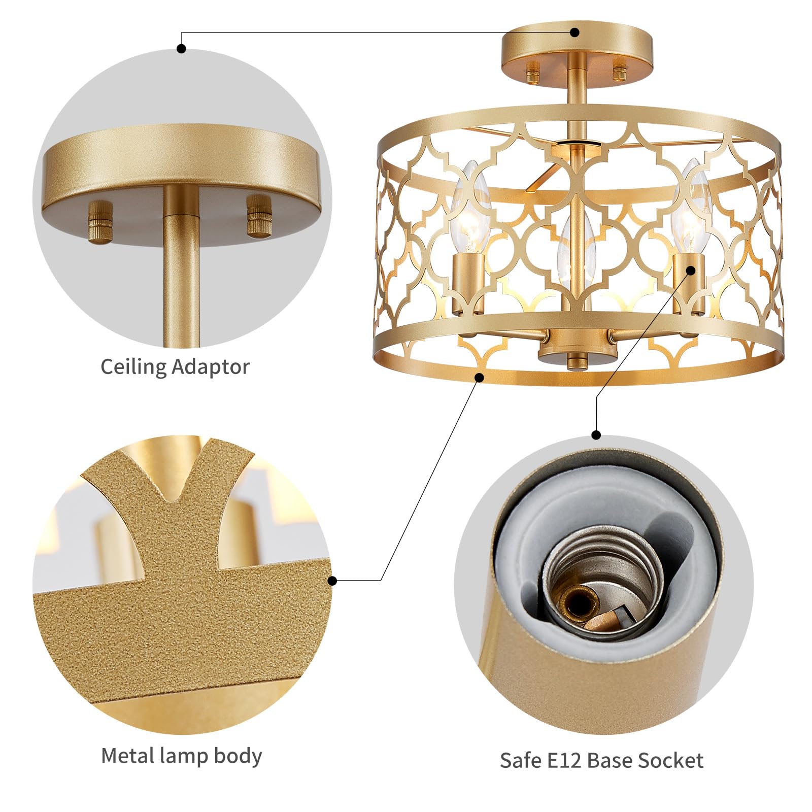 WUZUPS 3-Light Vintage Farmhouse Chandelier Semi-Flush Mount Ceiling Light, Gold, H 9.8" x W 12.4", E12 Base, Model USHD900