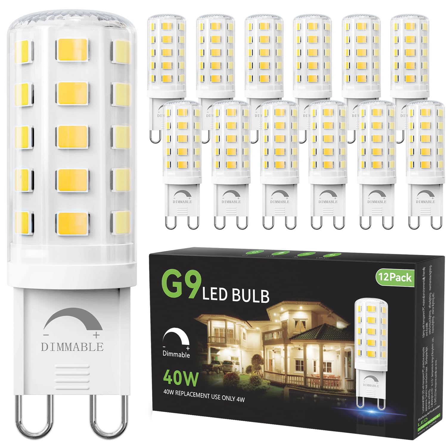 Tjoy 12 Pack Dimmable G9 Led Bulb 4W Equivalent 40 Watt, Daylight White 6000K, T4 G9 Bi-Pin Base Halogen Replacement, G 9 Socket