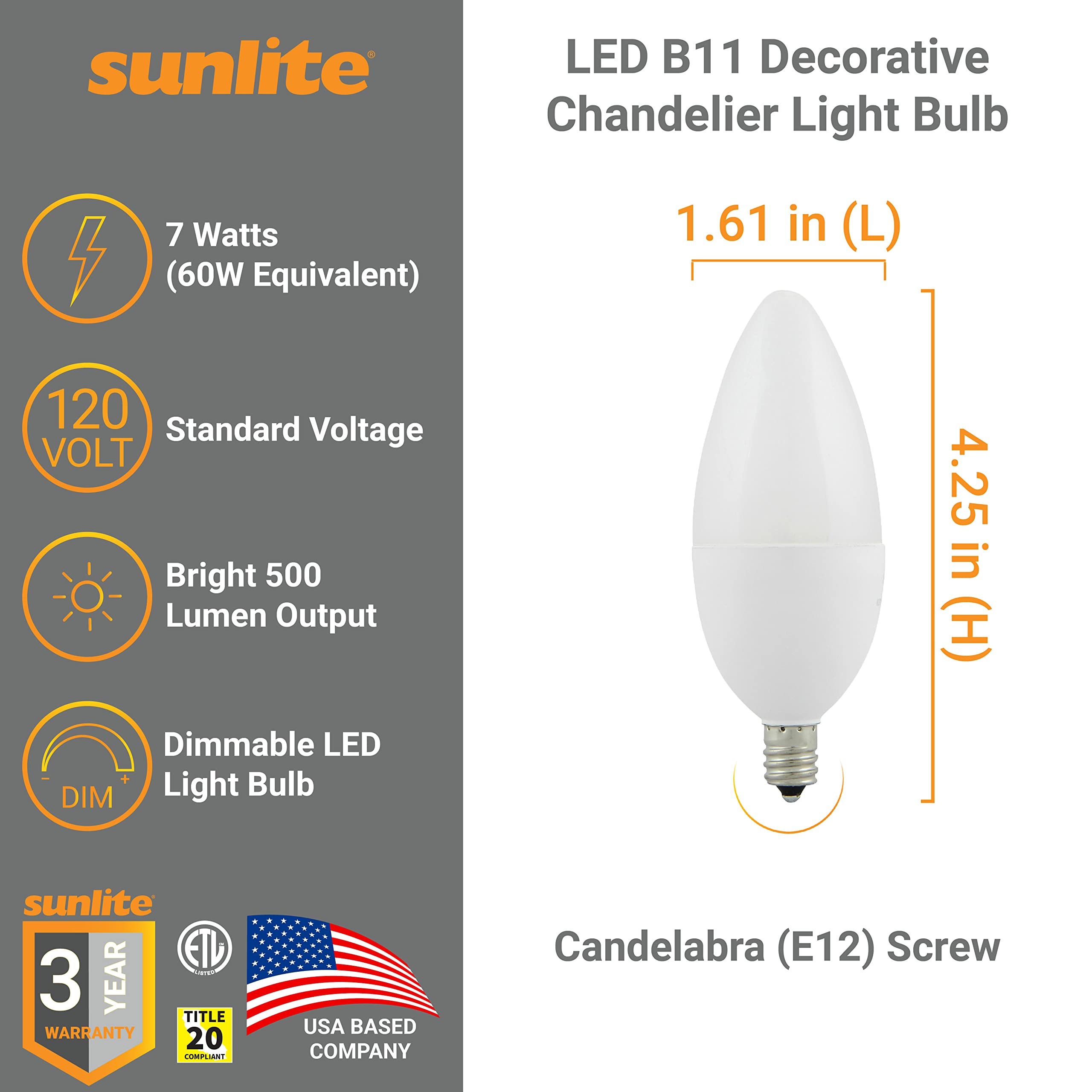 Sunlite LED B13 Chandelier Light Bulb, 7W (60W Equivalent), 500 Lumens, Dimmable, E12 Base, 2700K Soft White, 6