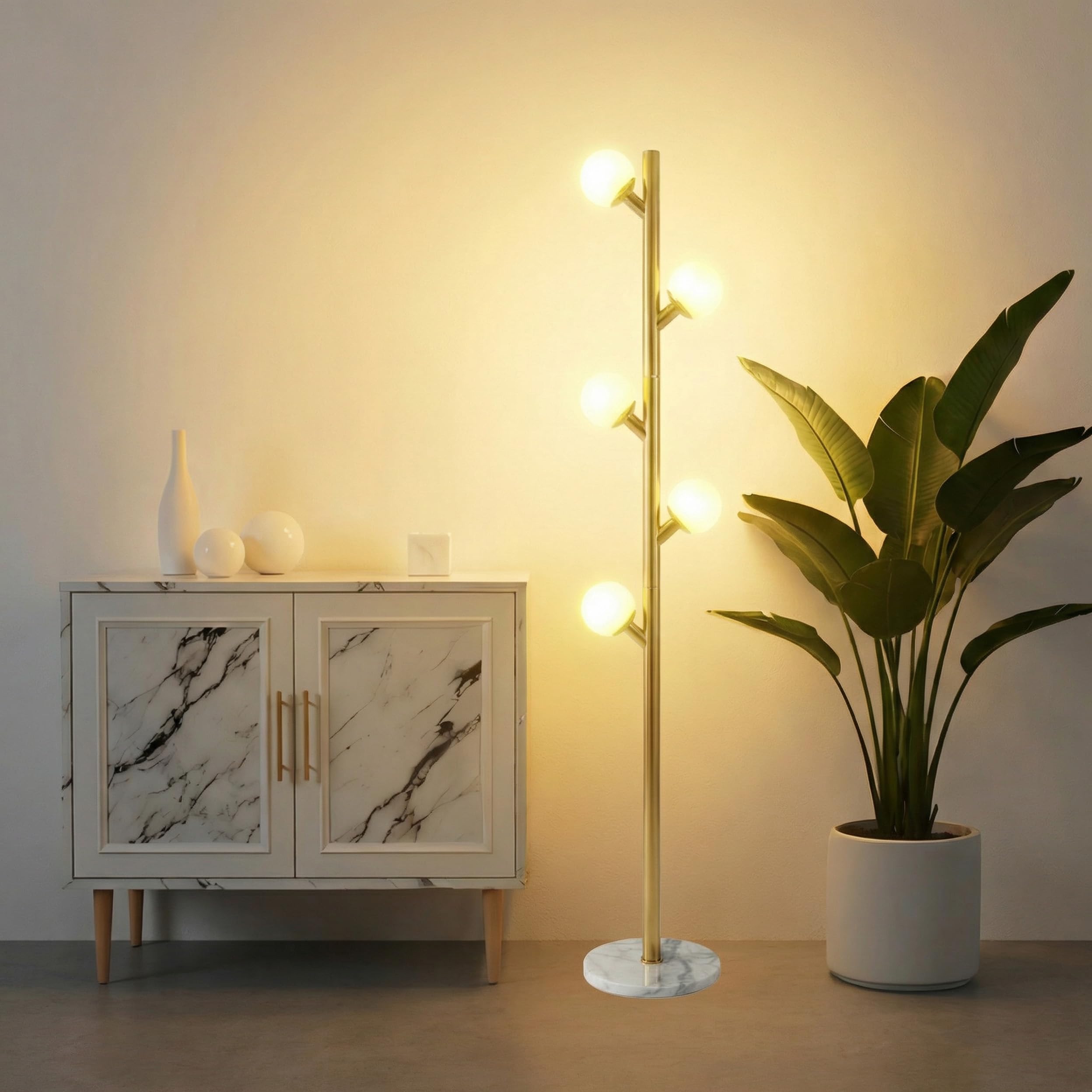 Fiqevs 5 Globe Floor Lamp for Living Room, Mid Century Gold Modern Standing Lamp with Orb Frosted Glass Shade and 5 LED Bulbs, E