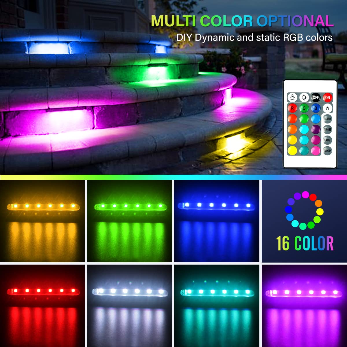 Ceouheia 8-Pack LED Hardscape Lighting, 4 Inch, RGB Remote Control, IP65 Waterproof, Aluminum, Model DY-STEPLIGHTZXRGB-8P