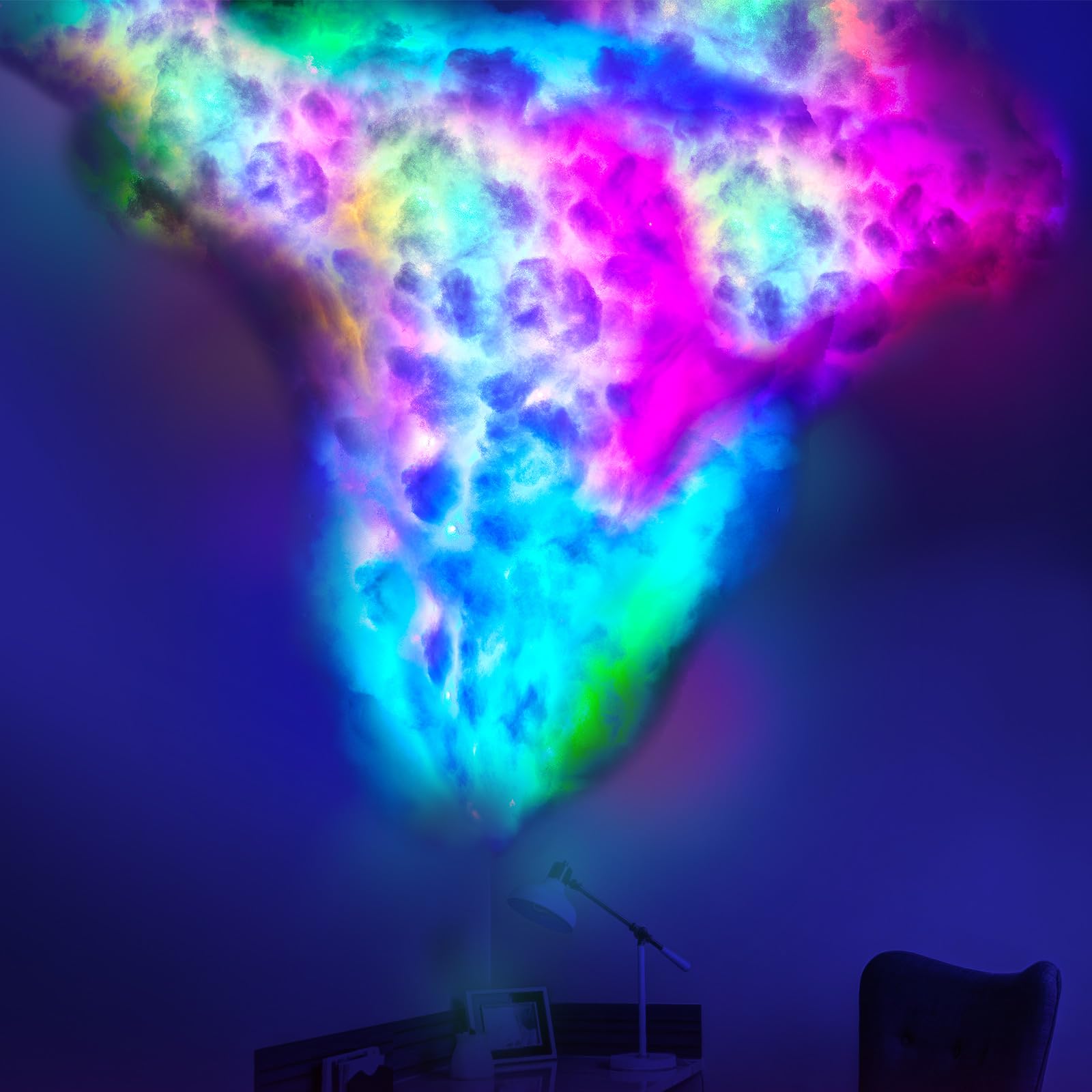 Huquary 3D Thundercloud LED Light Kit, Multicolor Cotton Cloud Lamp, 16 Ft, Music Sync, for Bedroom, Ceiling, Gaming Room, Party (2 Pcs)