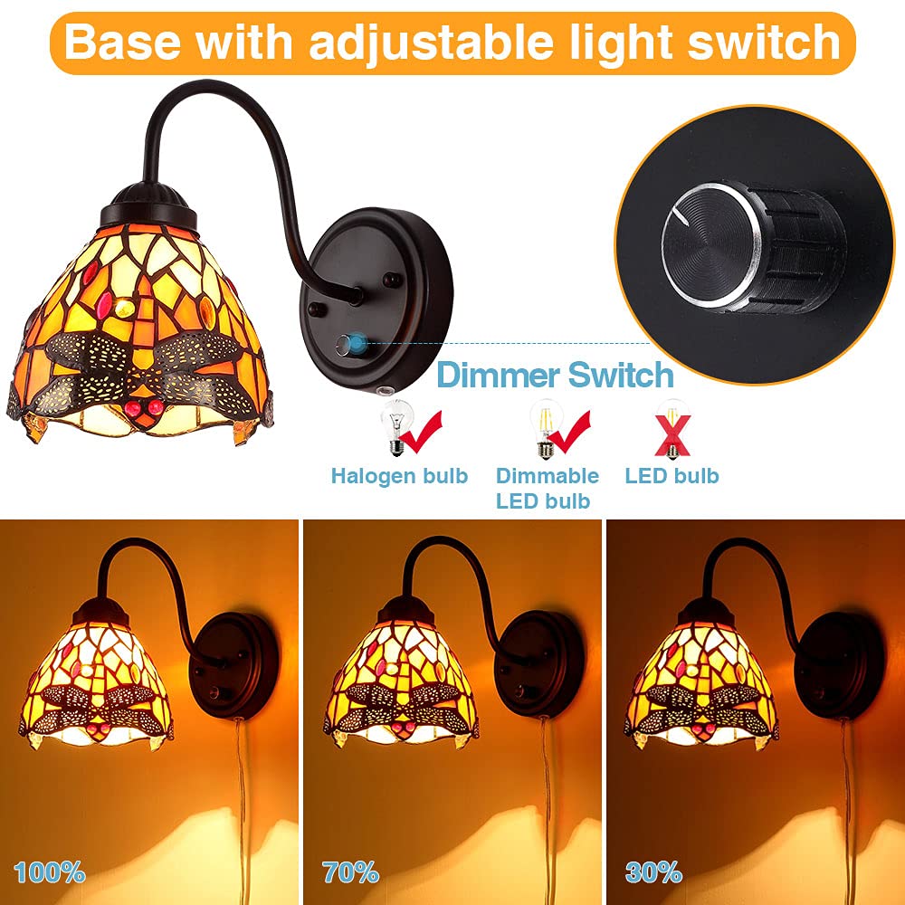 Dengmall Tiffany Dragonfly Wall Sconce Lamp, Dimmable Gooseneck Light For Bedroom & Living Room