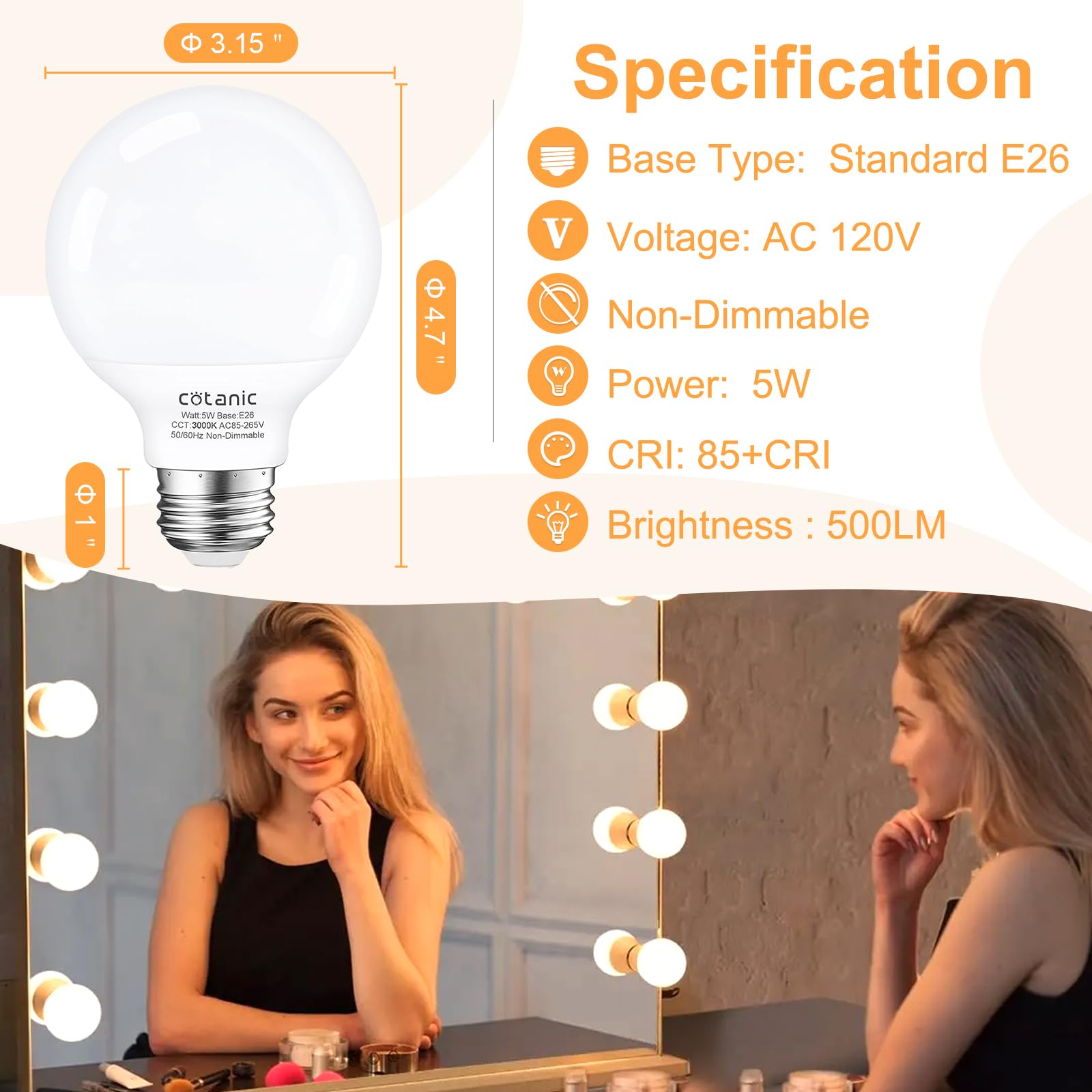 Cotanic 12 Pack G25 Led Vanity Light Bulb 3000K Soft White, Bathroom Round Light Bulb, E26 Standard Base, 5W, 60 Watt Equivalent