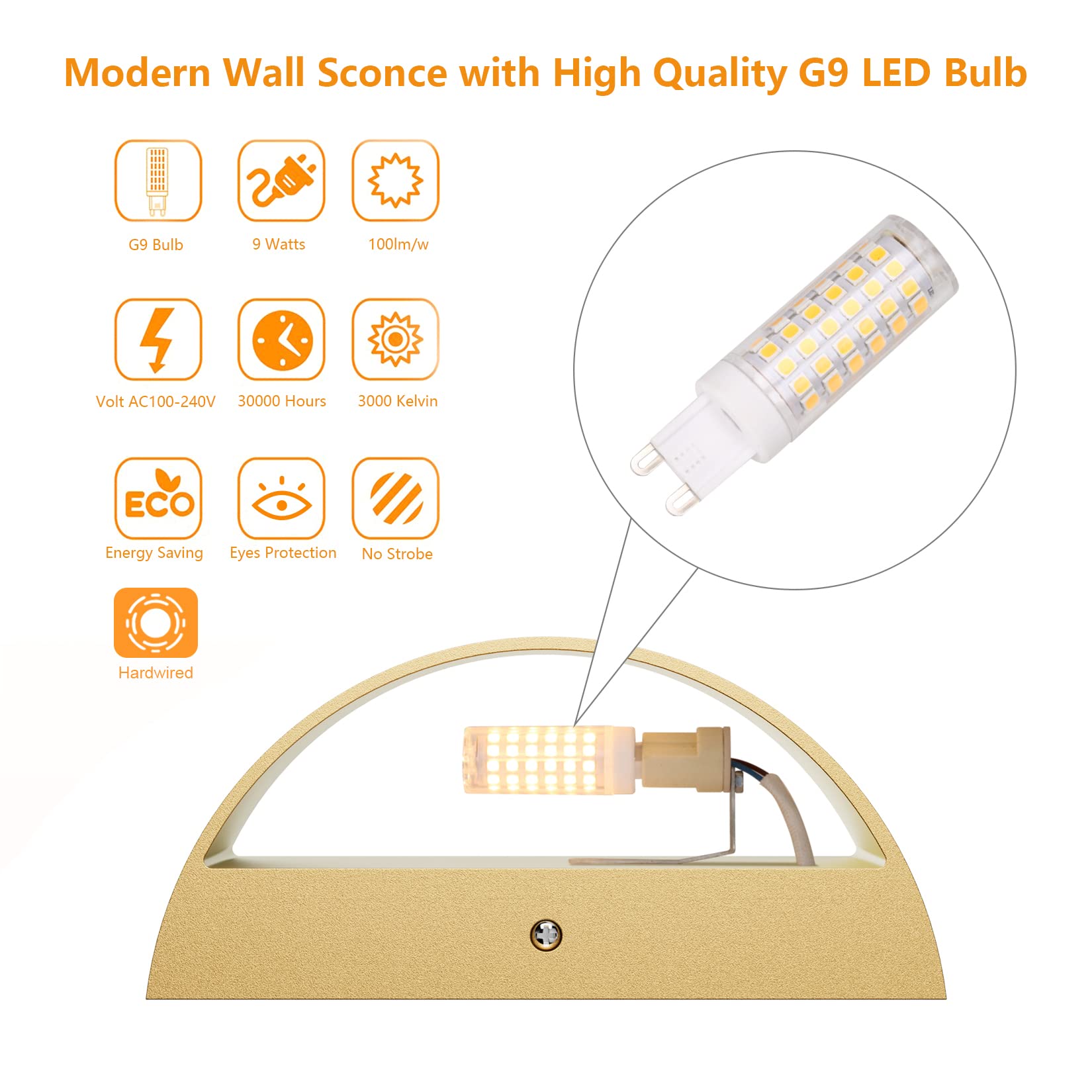 Aipsun Gold Wall Sconce Set of 2, Warm White 3000K, Hardwired Indoor Lighting for Living Room, Bedroom, Hallway - Premium Aluminum