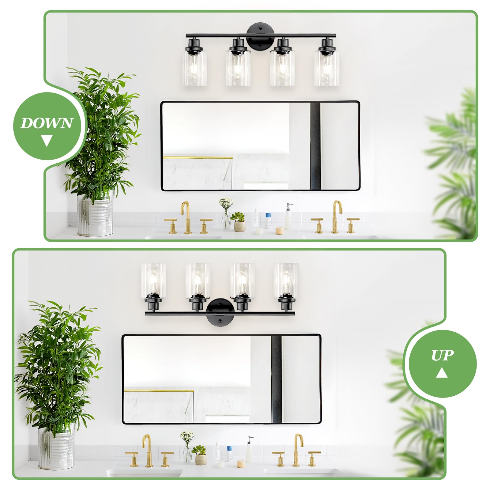 Guliaofo 4-Light Black Bathroom Vanity Light Fixture, Modern Metal Wall Sconces with Clear Glass Shade, Model Gu-111-QGH-4
