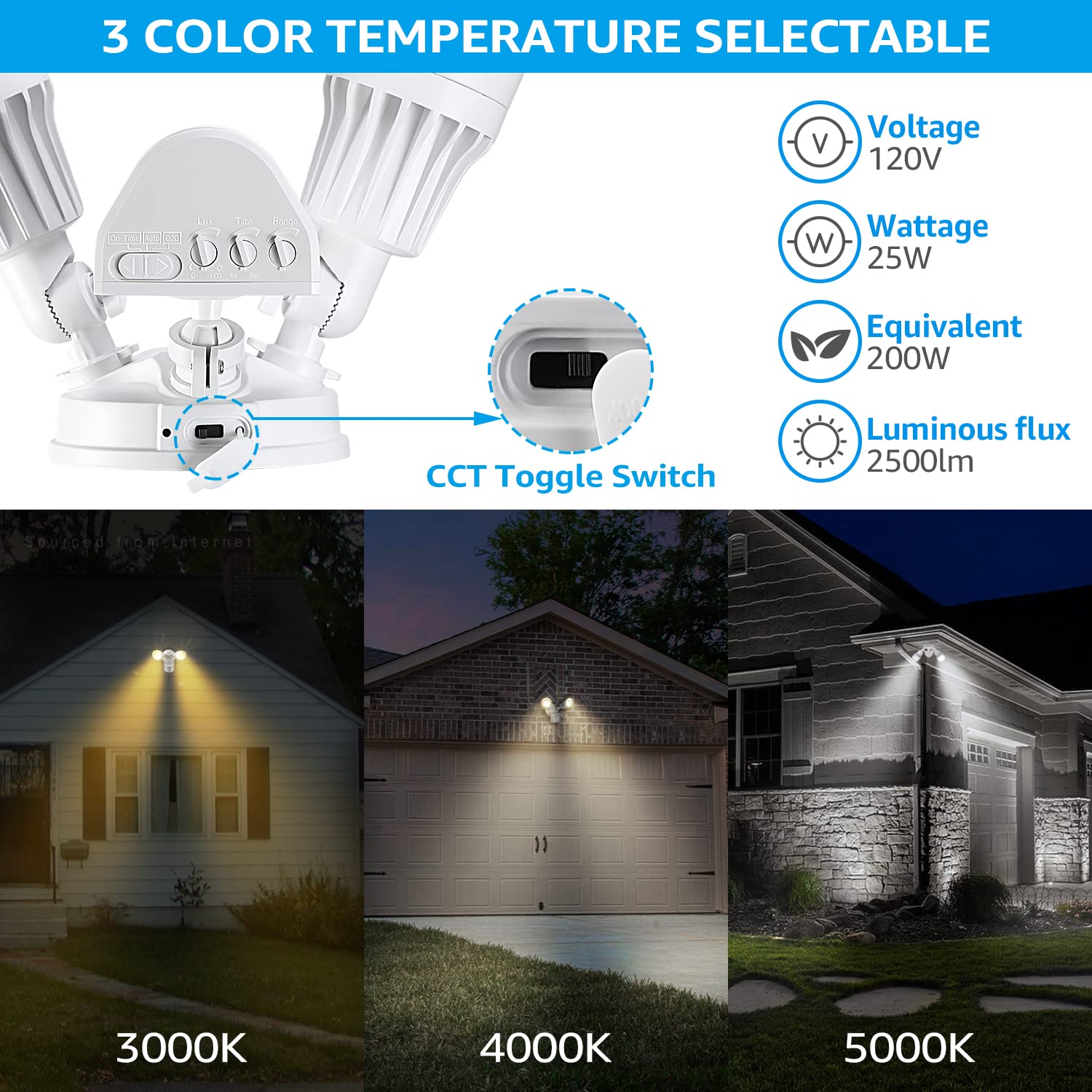 LEONLITE 3CCT LED Security Light, Motion Sensor, 25W (200W Equivalent), Adjustable 2-Head, ETL Listed, White, Model 19032