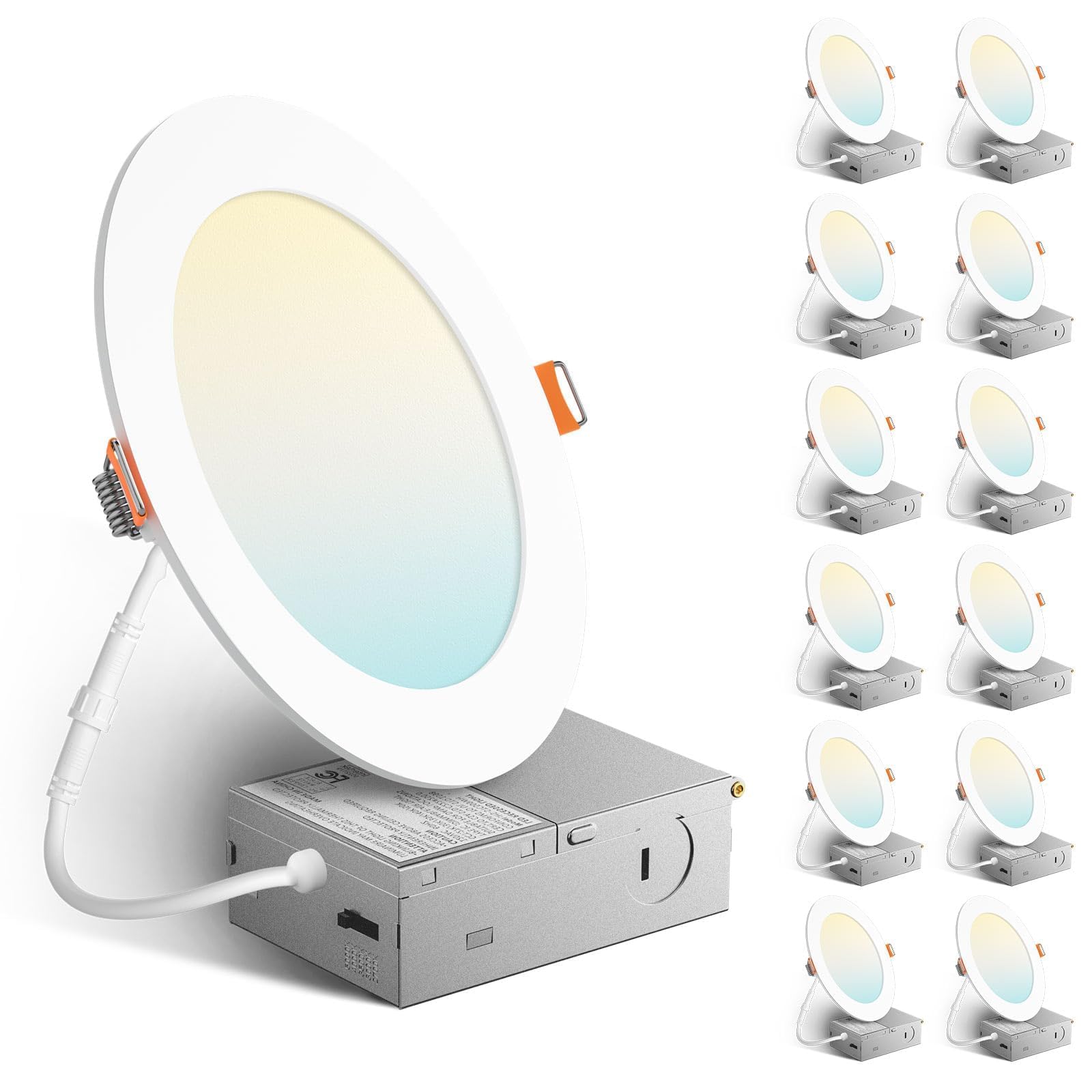 Amico 12 Pack 6 Inch 5CCT Ultra-Thin LED Recessed Ceiling Light with Metal Junction Box, 2700K-5000K Selectable, 12W Eqv 110W, D