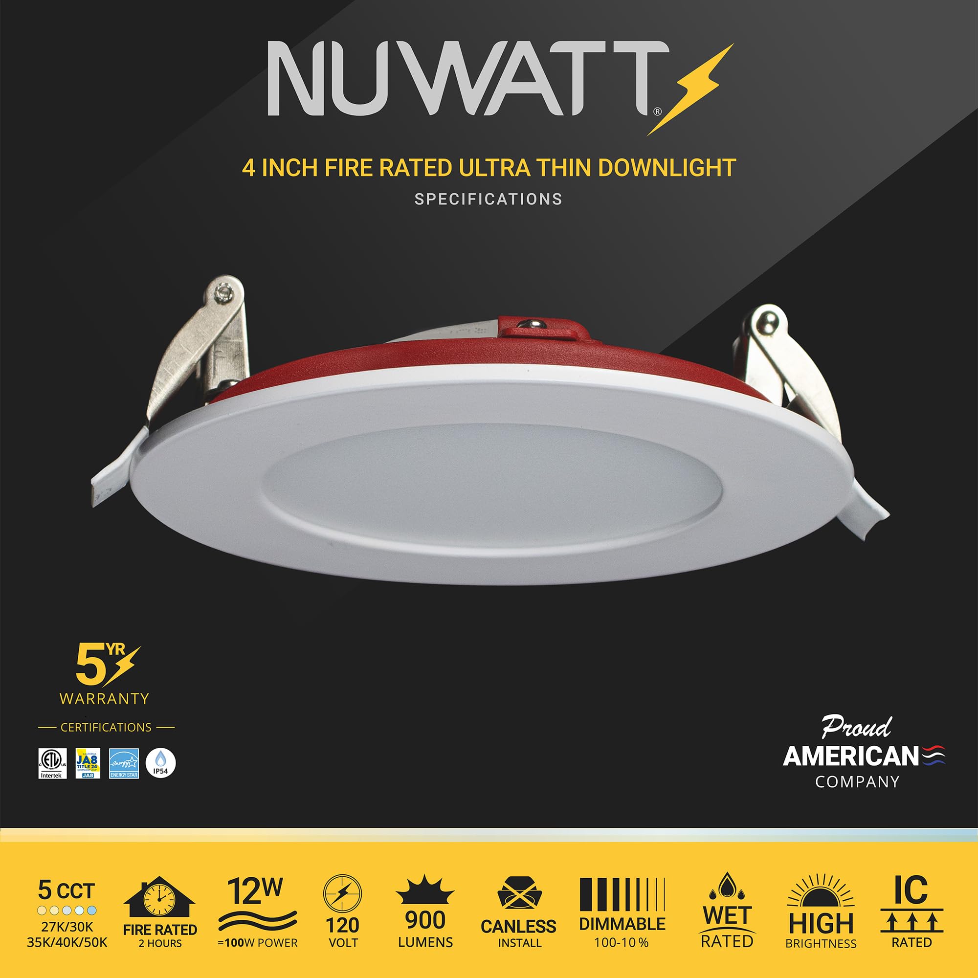 Nuwatt 12 Pack, 4 Inch Ultra-Thin Led 2 Hour Fire Rated Recessed Light, 2700K/3000K/3500K/4000K/5000K Selectable, 850 Lumens, Di