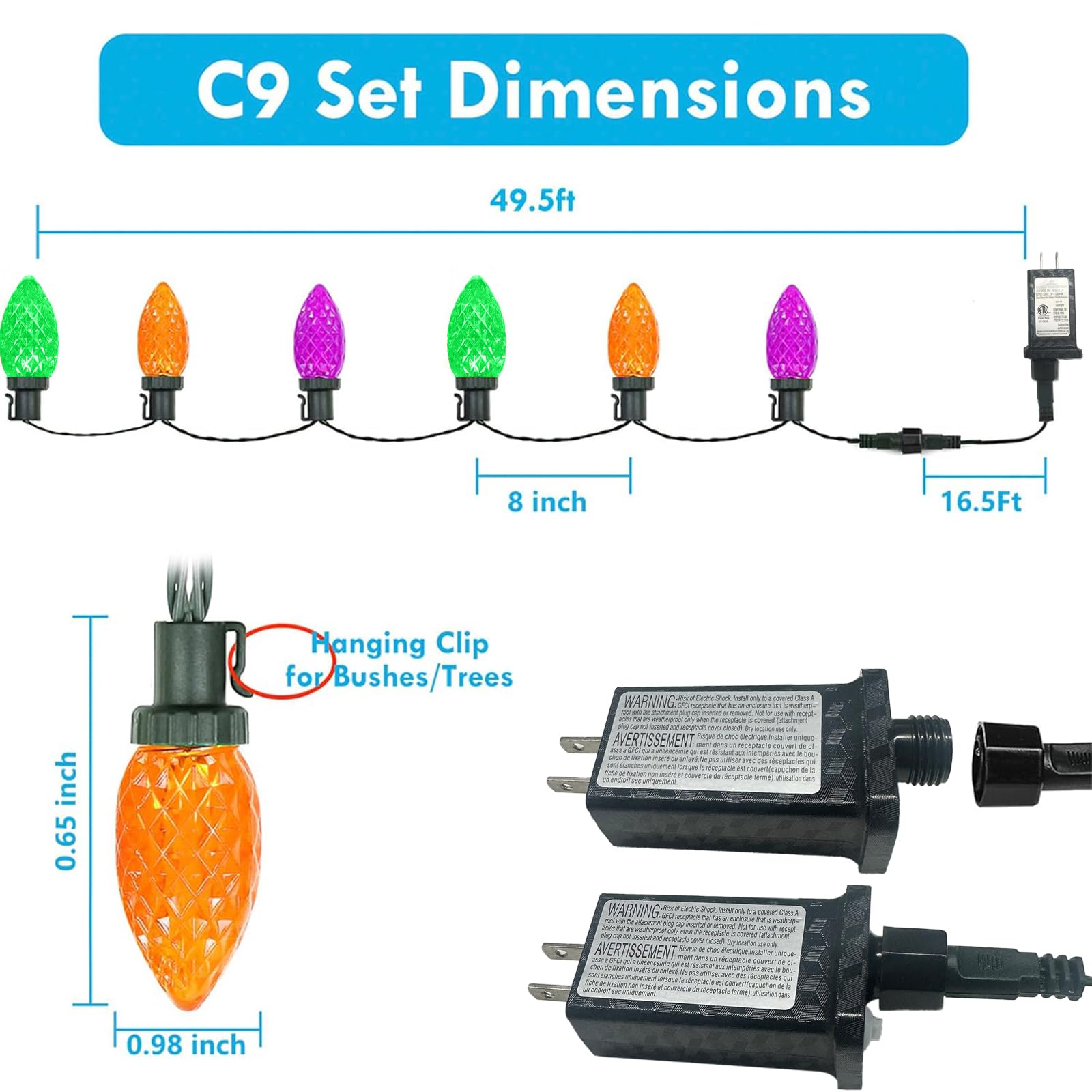 KAQ 100LED C9 Halloween Lights - Waterproof 98FT String Lights, Orange Purple & Green, 13 Modes, Indoor Outdoor Decor