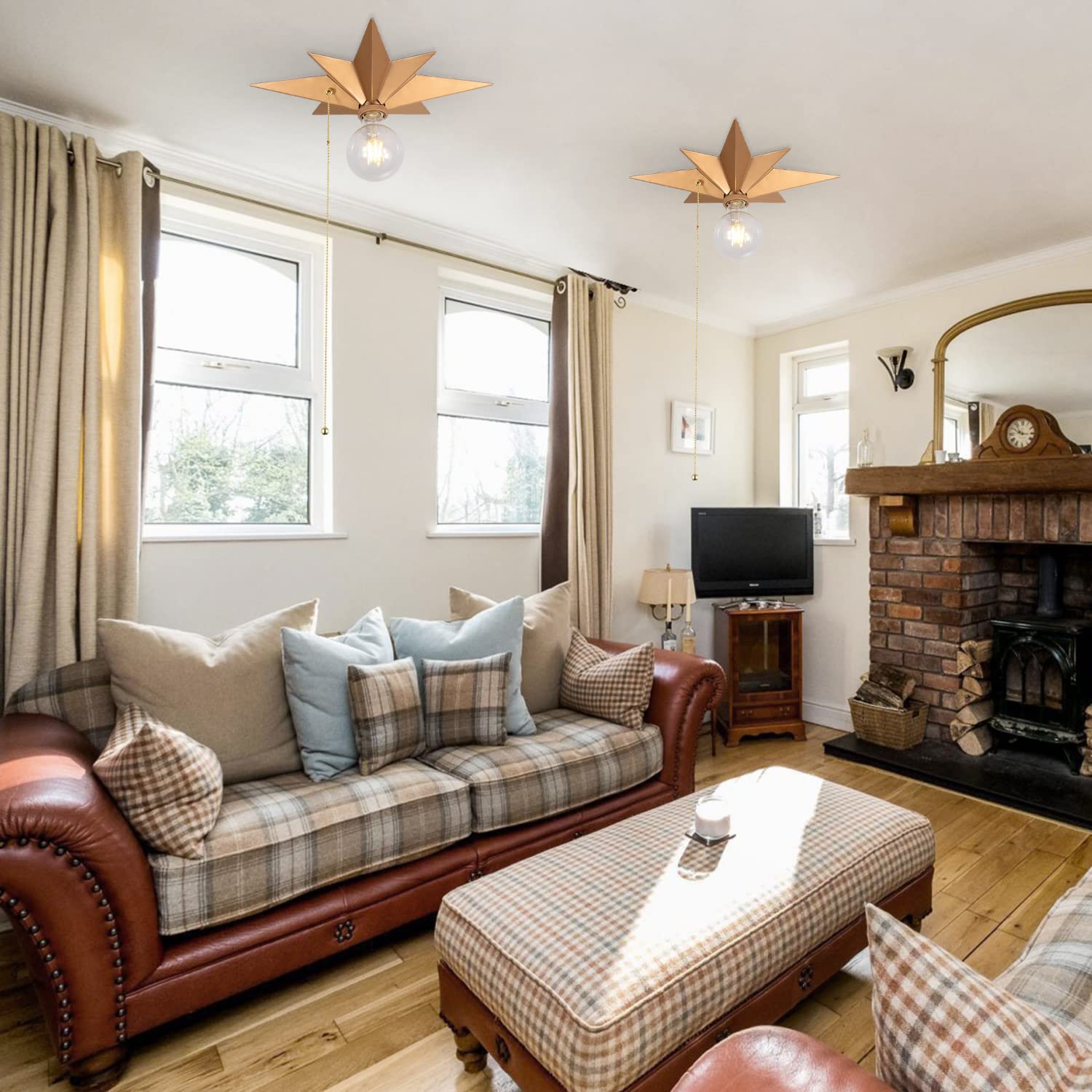 Airposta Flush Mount Ceiling Light Fixture, Brass Star Design, Industrial Metal, Pull Chain, Ideal For Hallway, Entryway, Kitchen, Bathroom