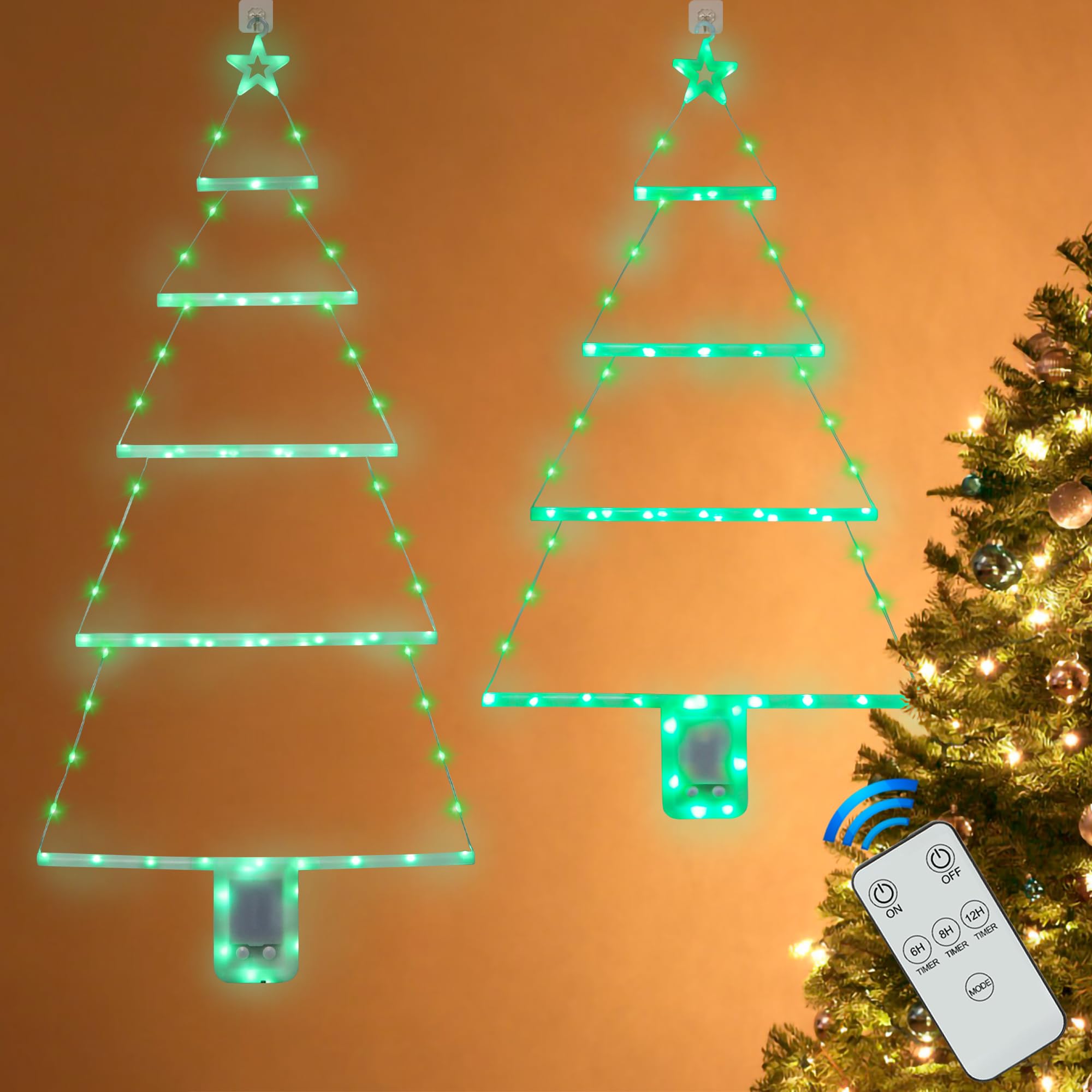 Obralitic Christmas Tree Ladder Lights, 2 Pcs with Remote, 3 FT & 2.4 FT, 8 Modes, LED Indoor Decoration, Green, Model AM2416