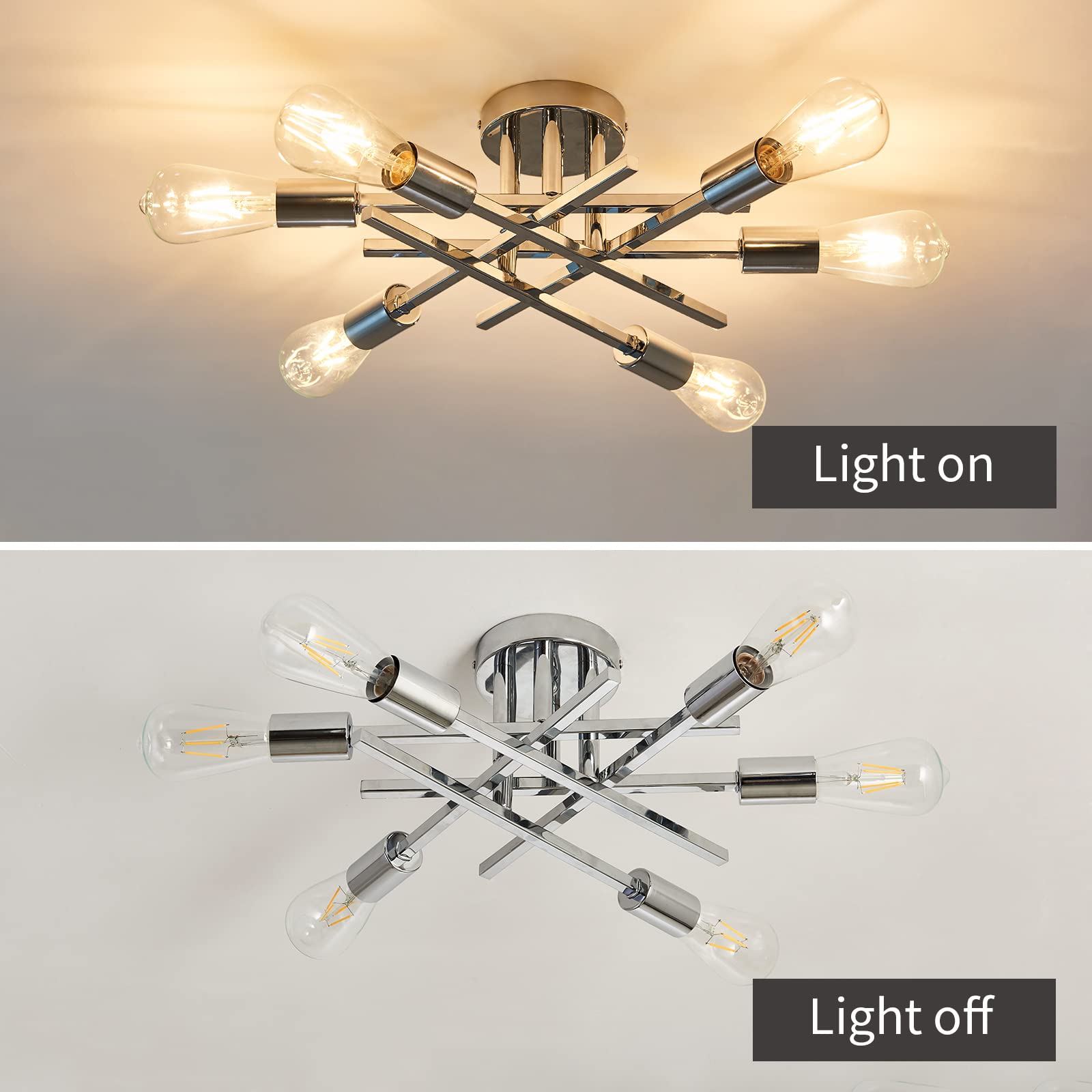 Asgyisa 6-Lights Semi Flush Mount Ceiling Light Fixture Modern Chrome Matte Sputnik Chandelier Farmhouse Ceiling Lighting For Ki