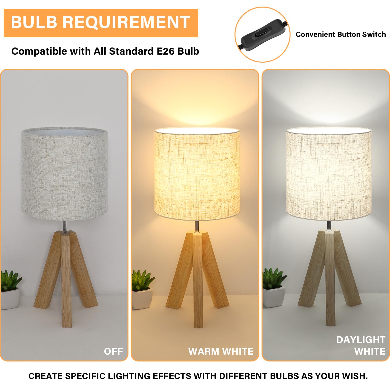 Small Table Lamp, Wooden Tripod Nightstand Lamp With Linen Fabric Shade, Cute Boho Modern Bedside Nightstand Lamp For Bedroom, L