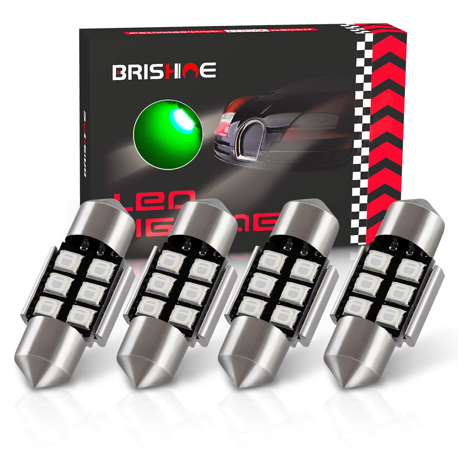 BRISHINE Festoon LED Bulbs, 2835 Chipsets, 28MM/29MM, Green, Model BRISHINE-Festoon28G-28354, Canbus Error Free