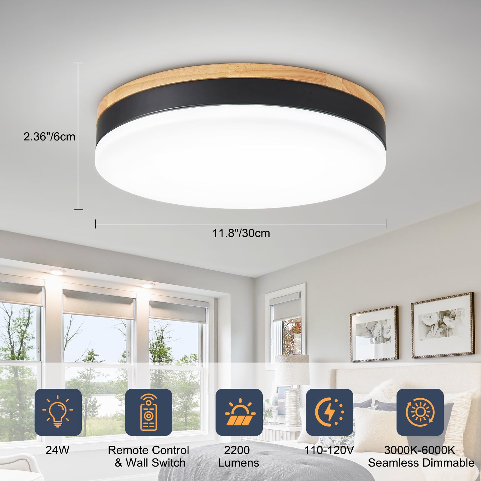 Airseafar Modern Wood LED Ceiling Light, Dimmable 11.8in, 24W, 3000K-6000K Adjustable Color, Black, Model Black2025061812