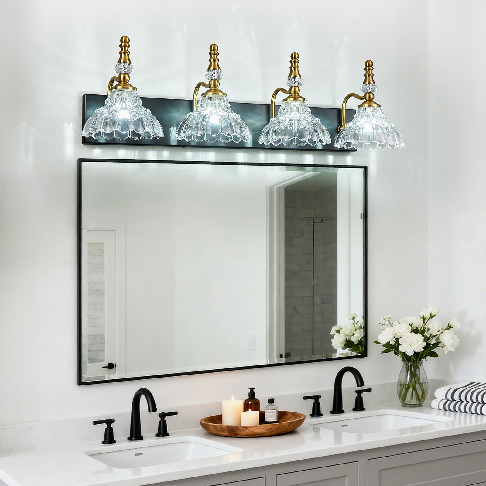 Lbsqj Vintage Bathroom Vanity Light  4-Light Black Gold Vanity Lighting Fixture With Flower Glass Shade  Bathroom Lighting Fixtures Over Mirror