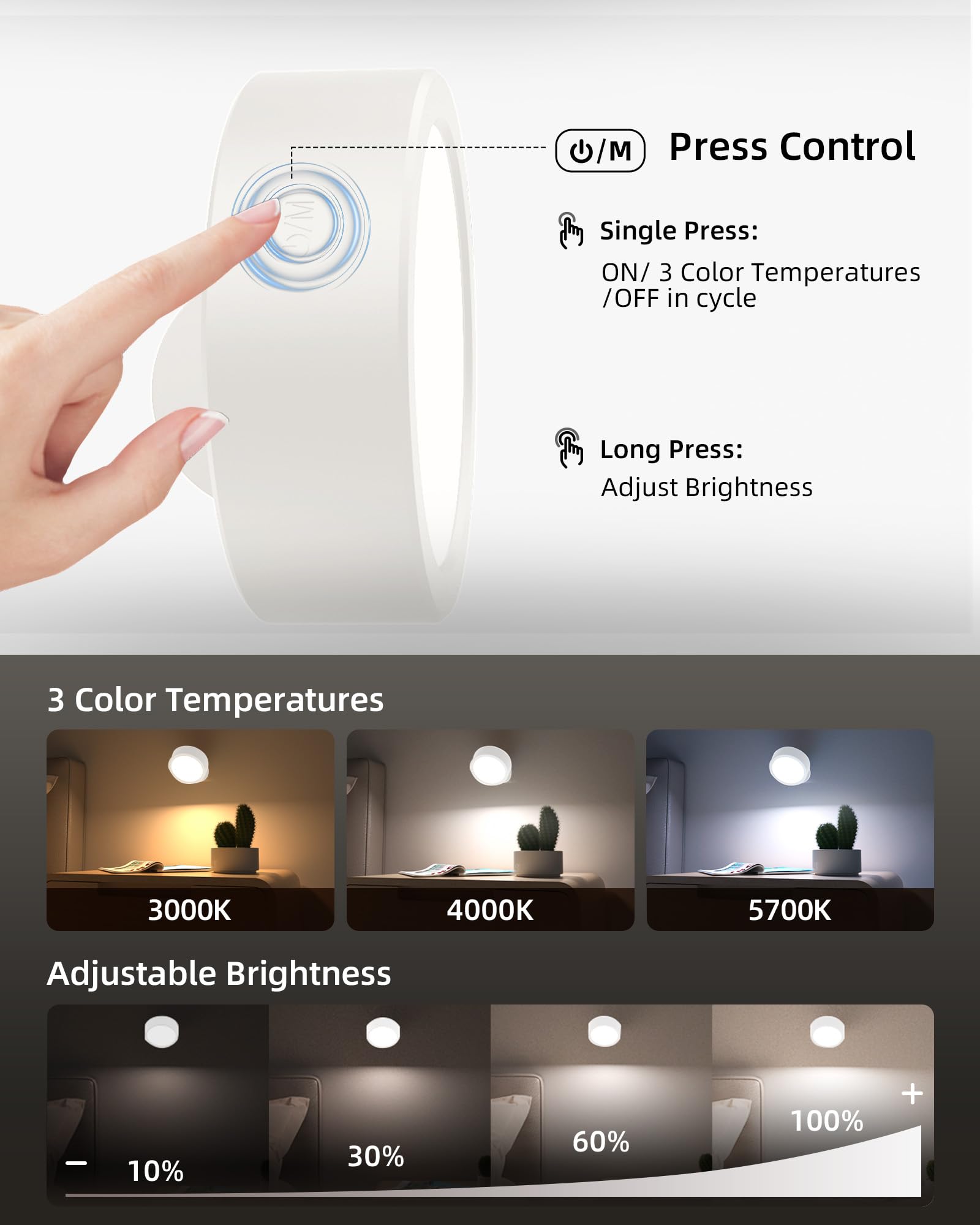 EZVALO LED Wall Mounted Lights, 3 Color Temps, Remote & Touch Control, 5500mAh Rechargeable, 3 Pack, White, Model EZL2404A
