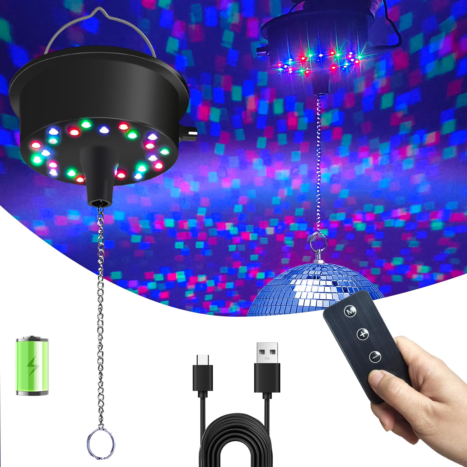 Palujorty Disco Ball Motor with Remote, 5-9 RPM, 24 LED Lights, USB/Battery Powered, Multicolor for 4in-12in Balls