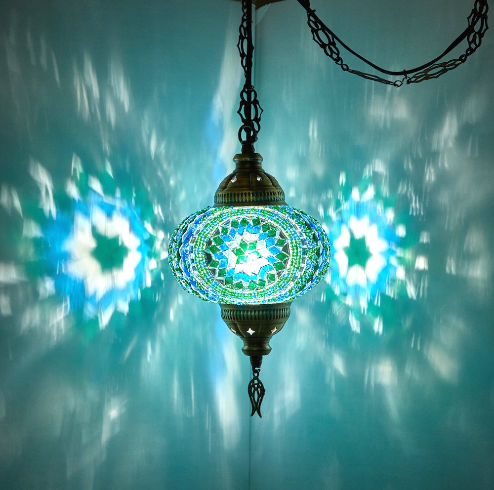 DEMMEX Plug-in Pendant Light – Handcrafted Glass Mosaic Fixture, Vintage Tiffany Style, 15ft Cord, Pink - Red, Model: DEMMEXSWAG1