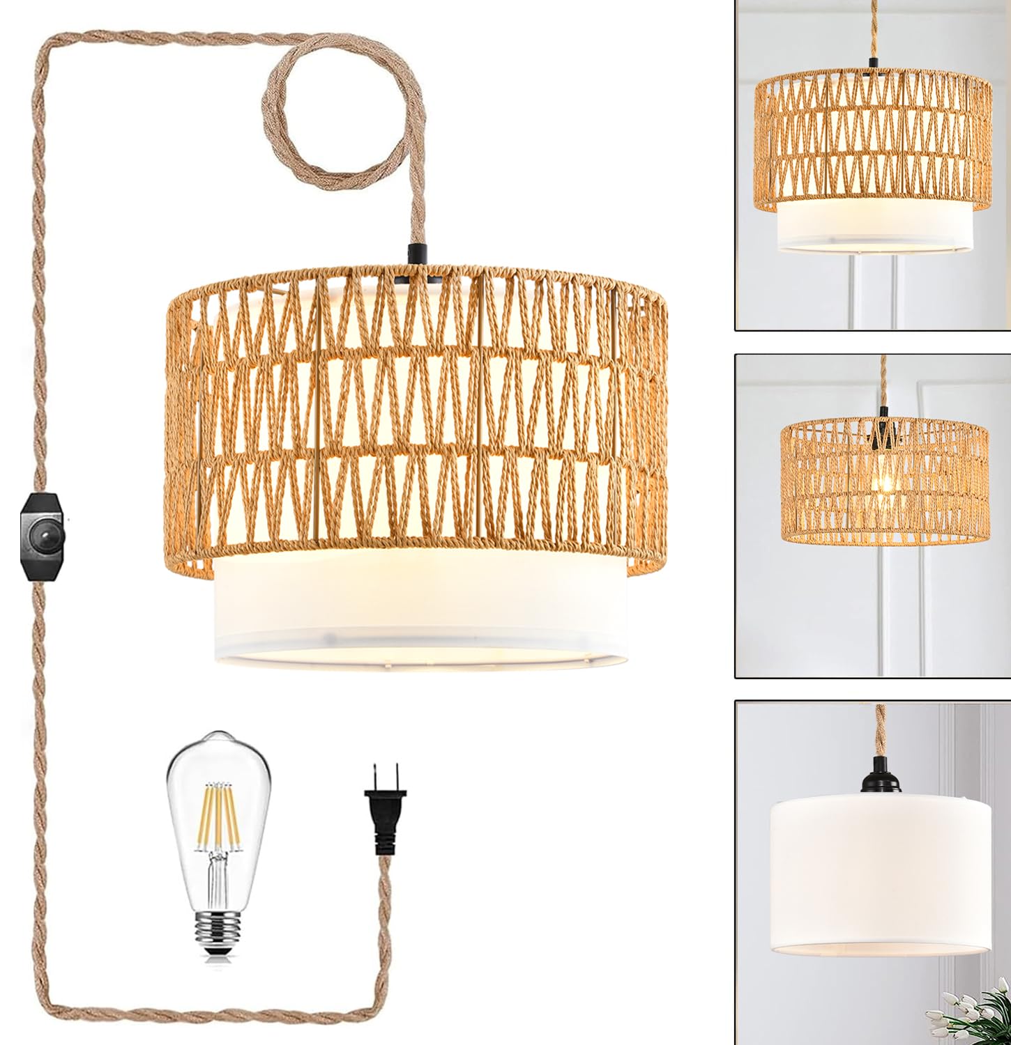 ZECOXOL Boho Pendant Light Rattan Hanging Lamp with Dimmer Switch 12in Two Layers-Shape Wicker Shade for Bedroom Living Room Kitchen Island