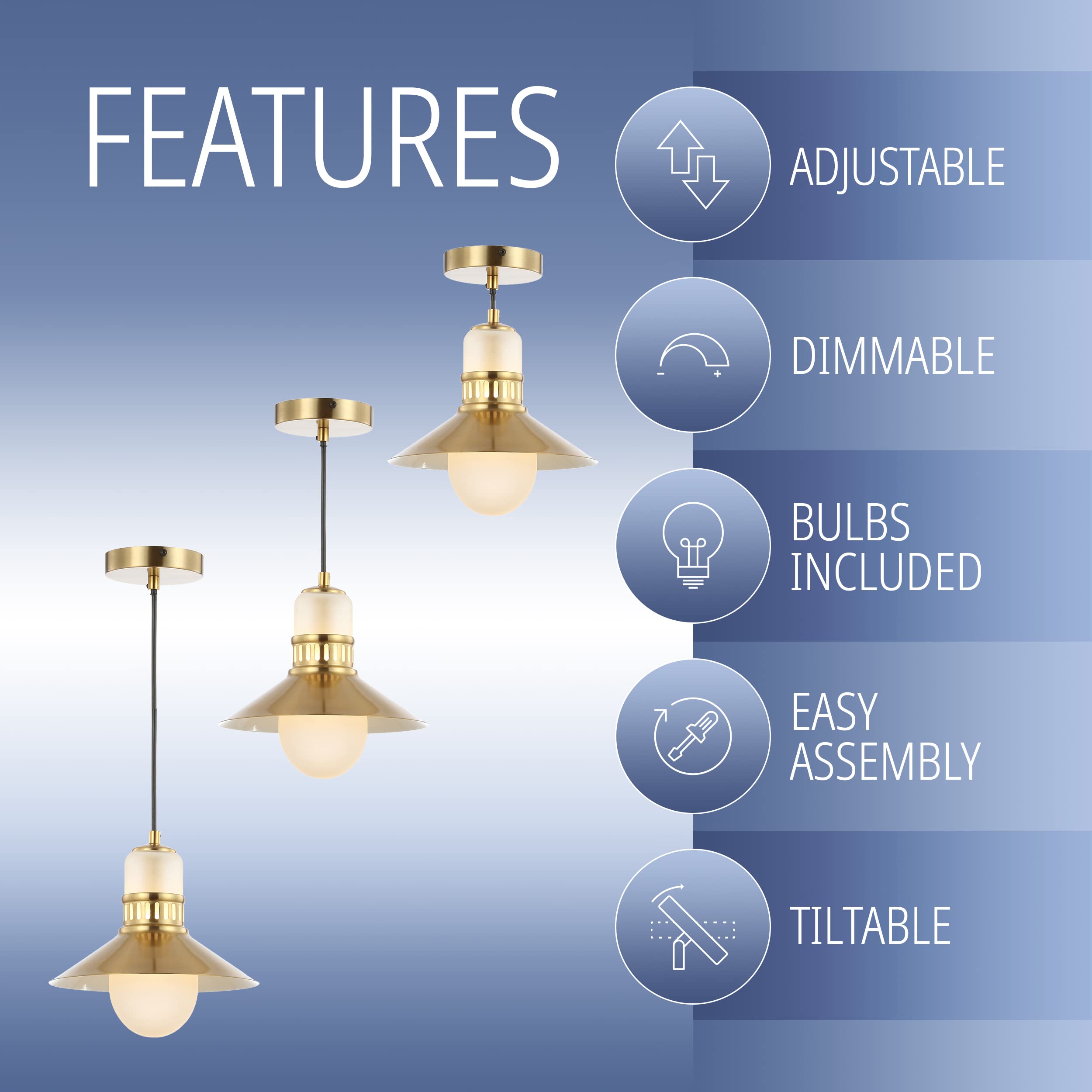 JONATHAN Y Colin 9.75" Adjustable Brass Gold Iron/Glass Pendant Light, Model JYL6120A, Dimmable for Dining Room, Kitchen, Living Room