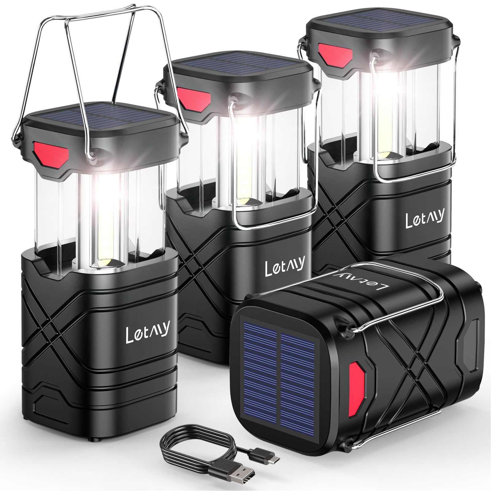 LETMY 4 Pack Camping Lantern, Rechargeable LED Lanterns, Solar Lantern Battery Powered Hurricane Lanterns Flashlight with 3 Powe