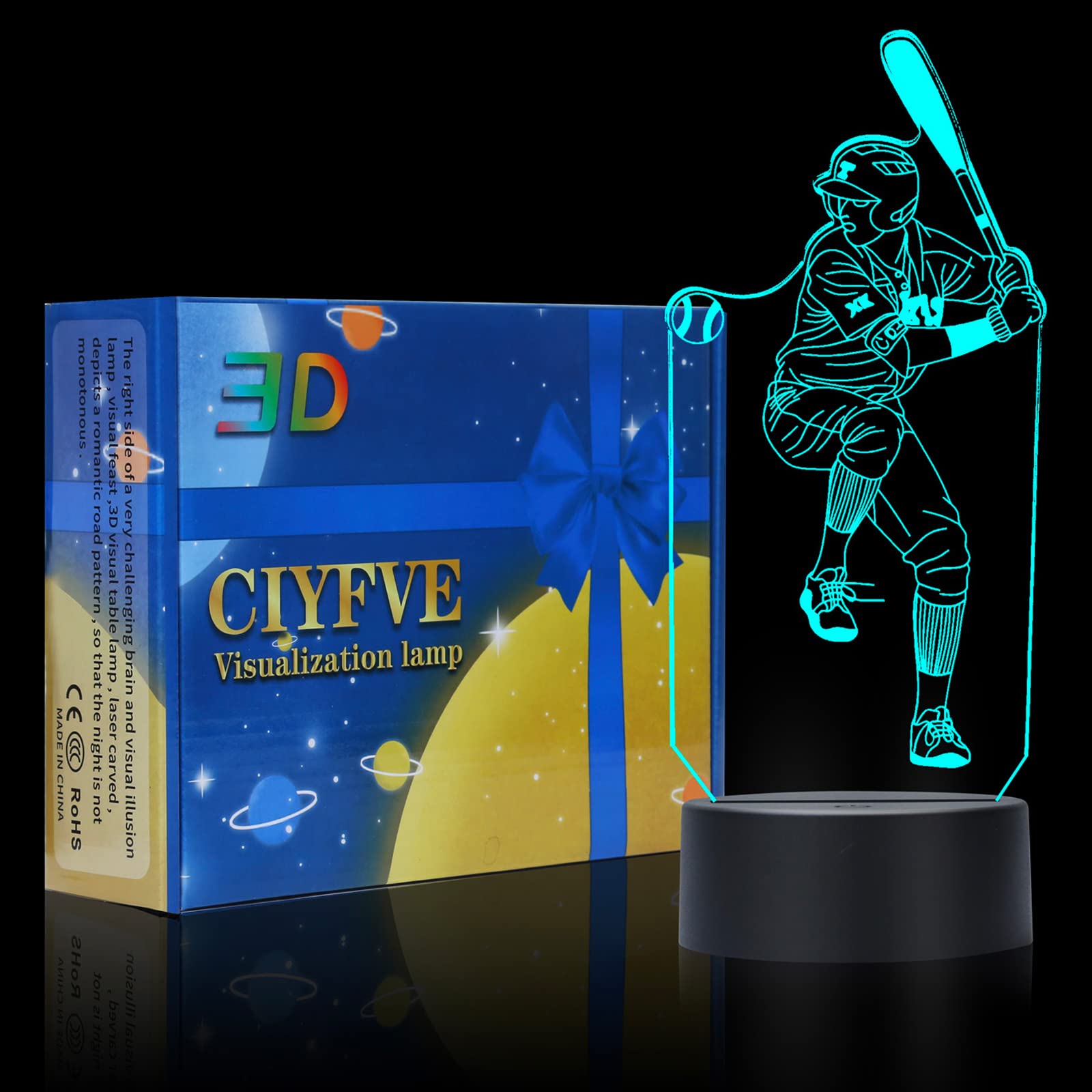 Shanjianke Baseball Player 3D Night Light Touch Control - 7 Colors Auto Gradient Night Light, Acrylic And Abs Base Optical Illus