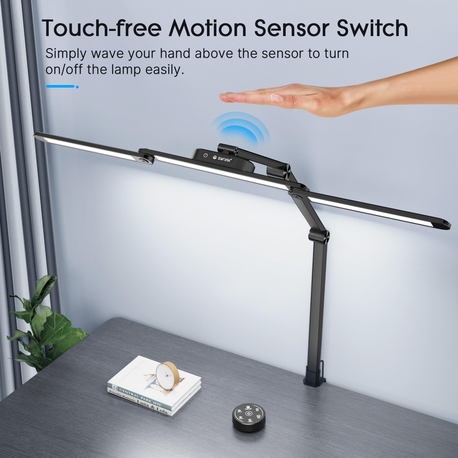 Syrinx LED Desk Lamp, 24W Eye-Caring Architect Lamp with Gesture Switch & Remote Control, Black, Model LDL023