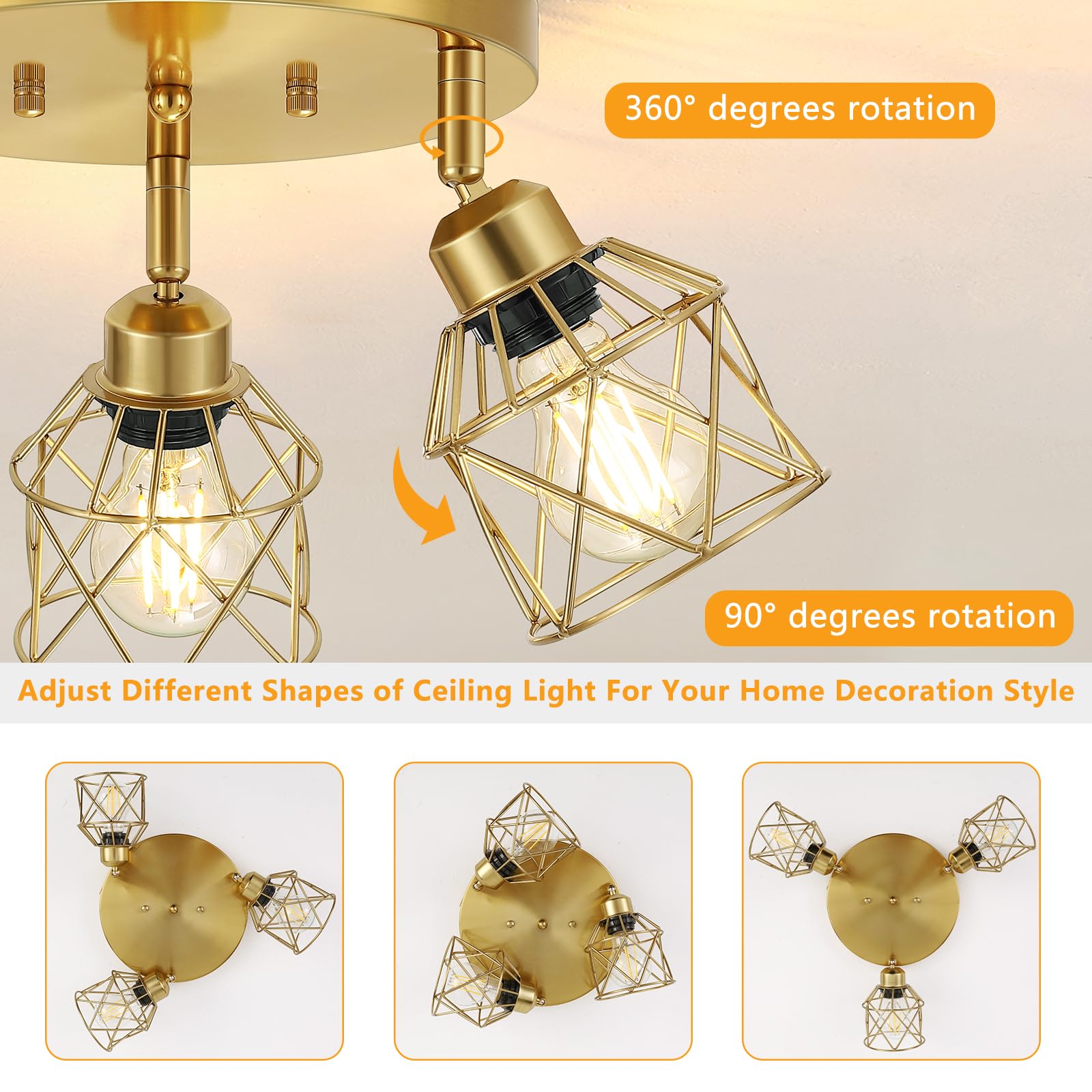 Baocuz 3-Light Brushed Gold Kitchen Light Fixture, Metal Cage Ceiling Light for Farmhouse, Hallway, Dining Room, Entryway