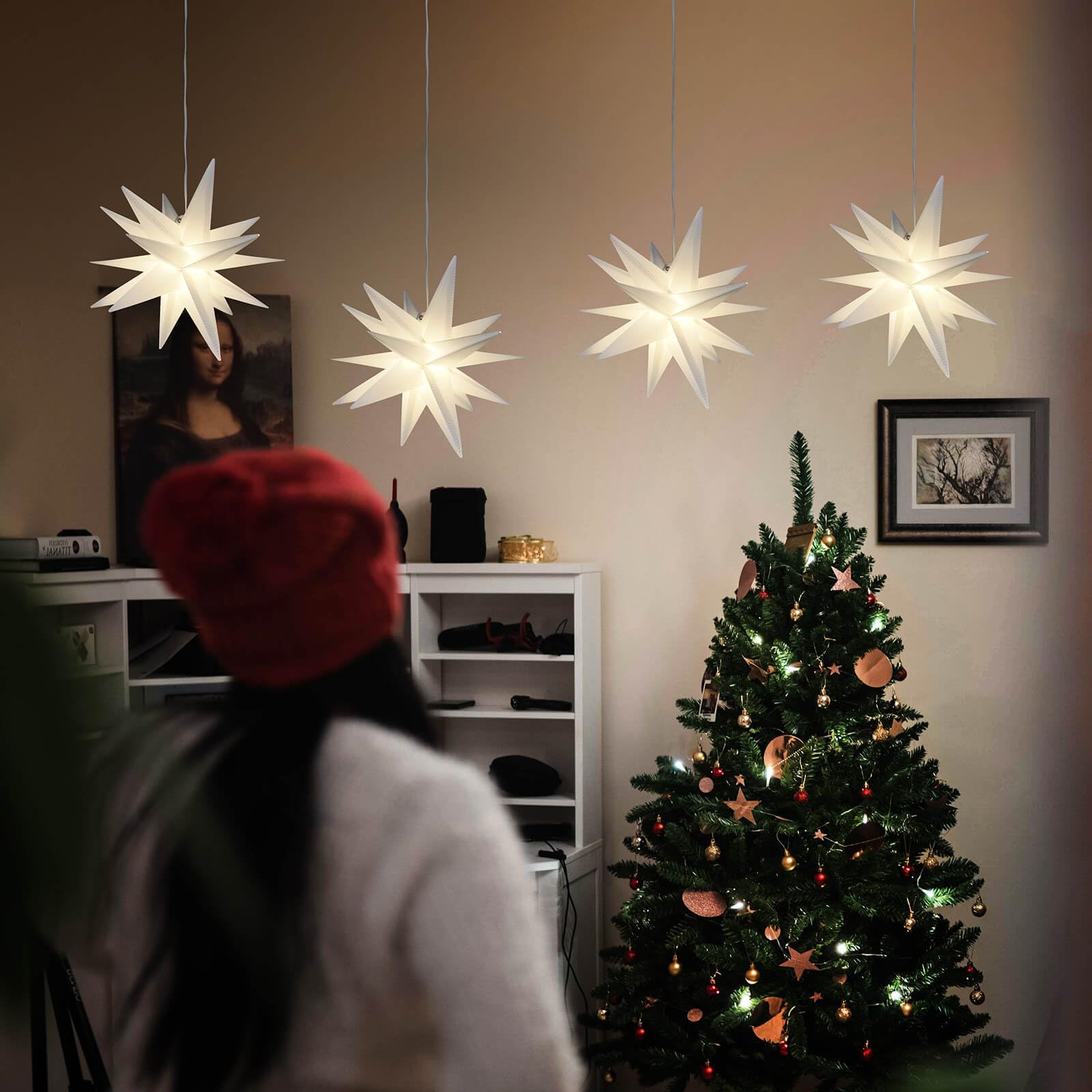 Leejec 9.4" Moravian Star Outdoor Light, Warm White LED, Battery Operated, Remote Control, 4-Pack, Plastic Décor
