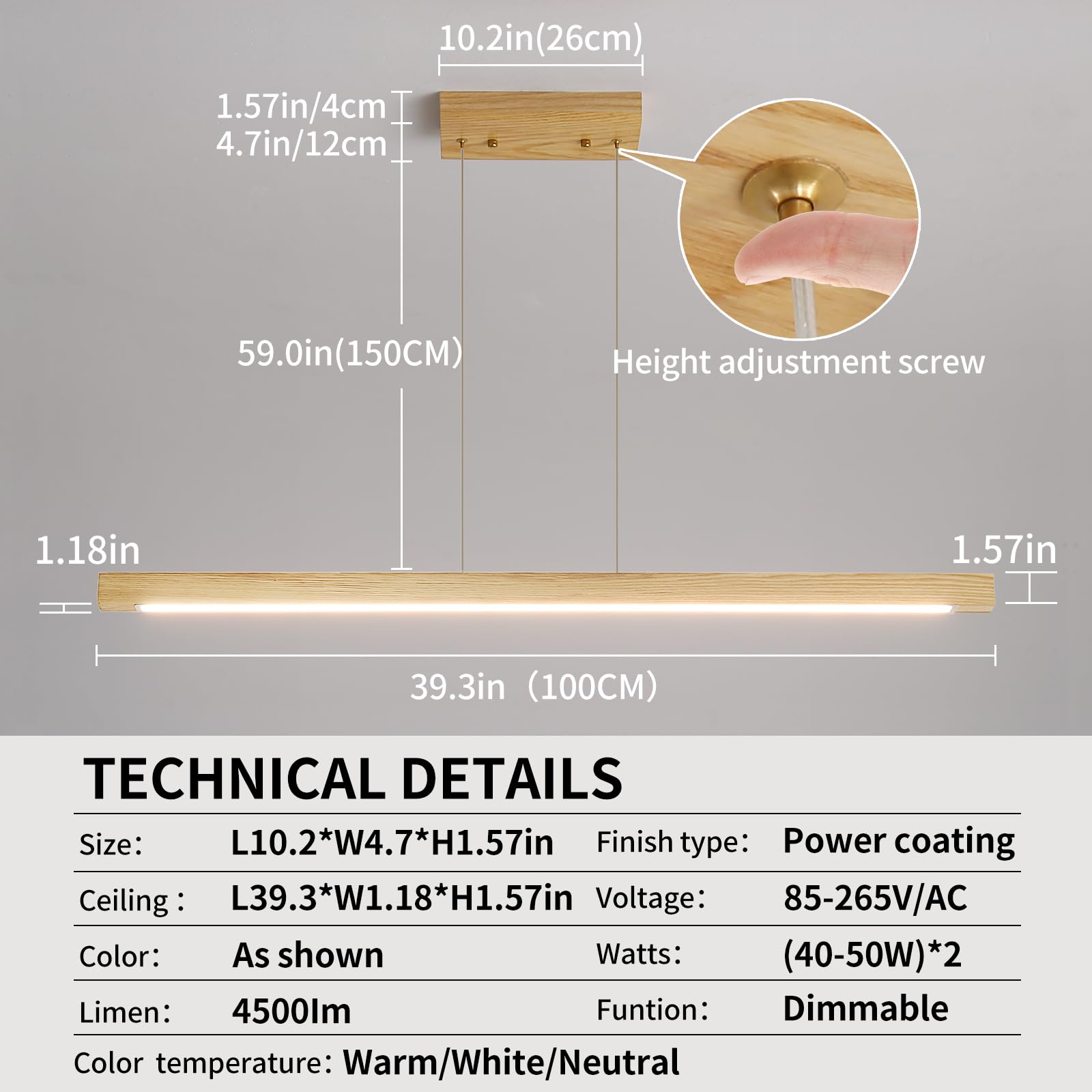 Wooden Linear Pendant Light, 39'' Modern Chandeliers For Dining Room, Dimmable Pool Table Island Lights For Kitchen, Led Ceiling